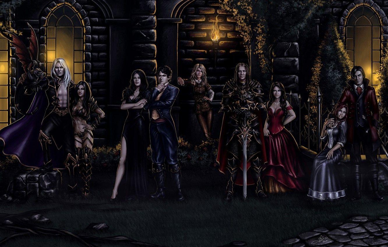 1332x850 Wallpaper women, night, castle, sword, mystic, art, torch, vampire, knight, men, costumes image for desktop, section фантастика