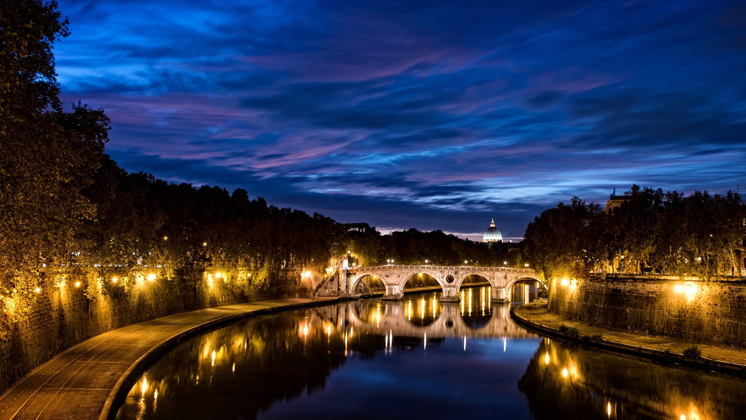2560x1440 Image Rome Italy Bridges river night time Street lights 2560x1440