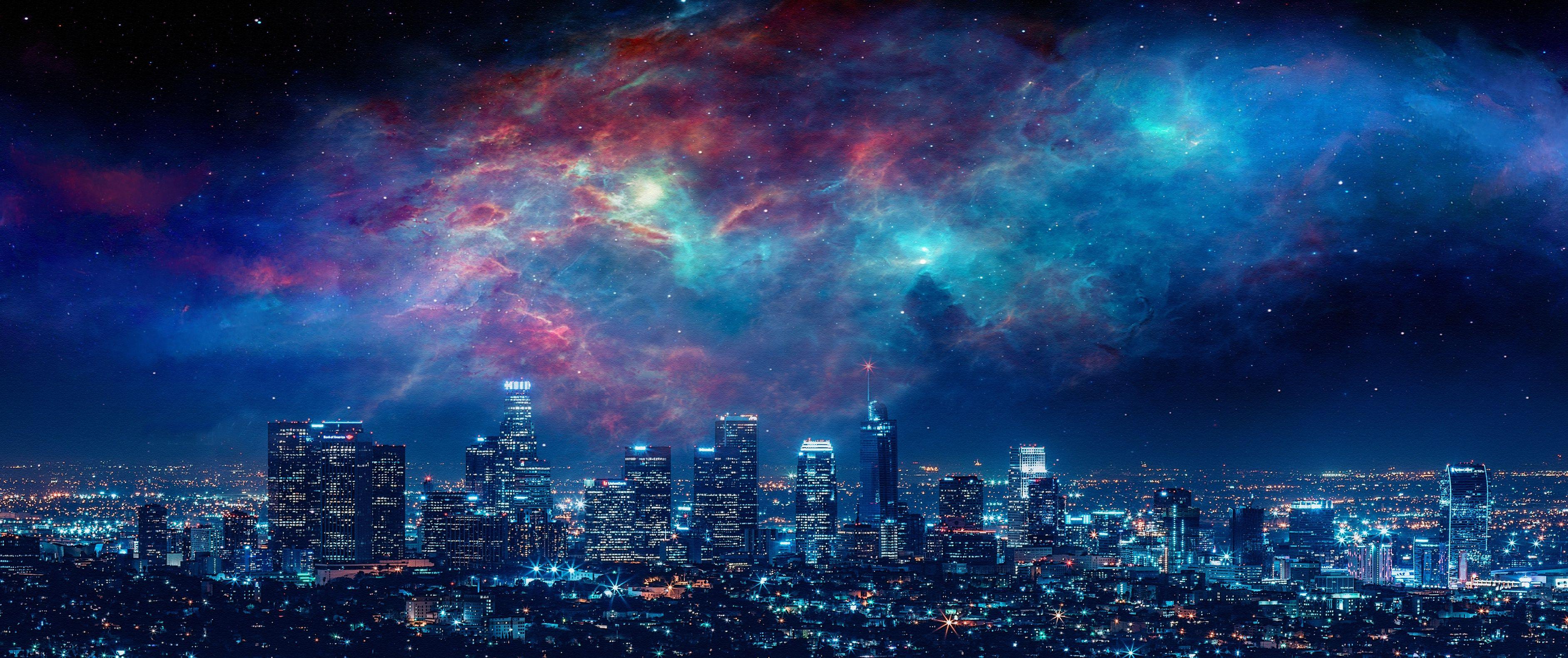 3765x1581 Artistic, City, Los Angeles, Nebula, Night, Sky Wallpaper