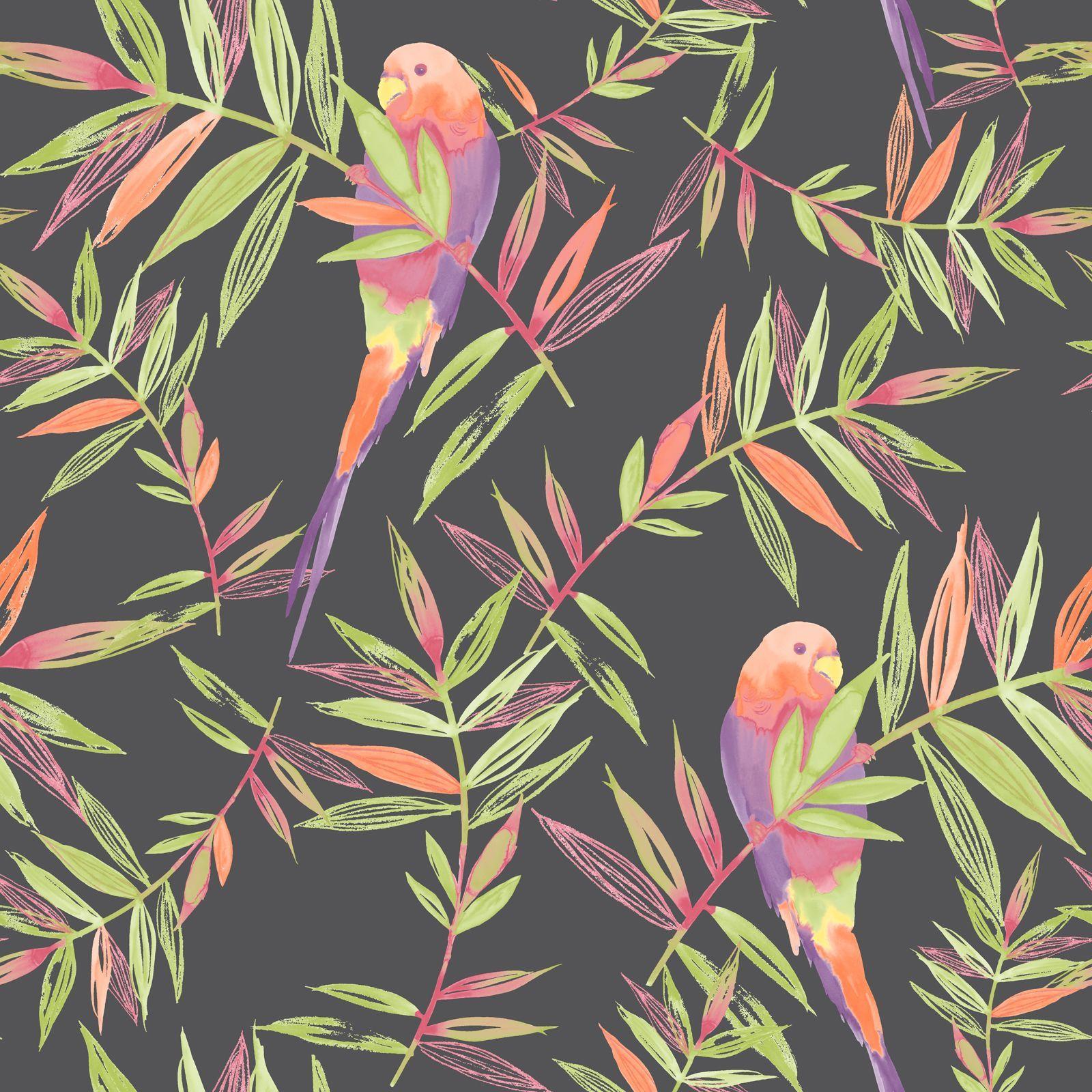 1600x1600 Birds Wallpaper Tropical Floral Leaves Jungle Black Multi Coloured