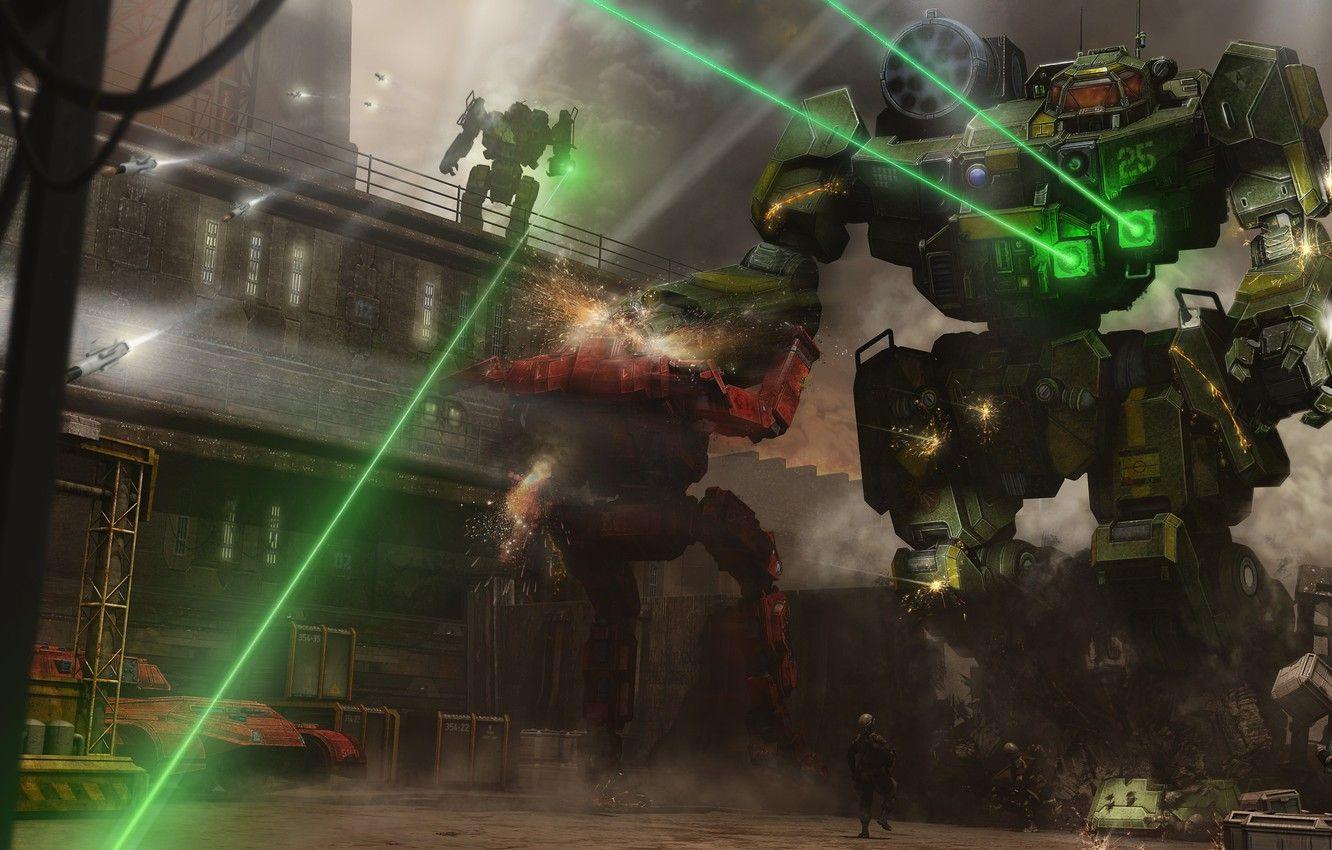 1332x850 Wallpaper weapons, robots, art, base, soldiers, laser, shots, giant, Mechwarrior Online image for desktop, section фантастика