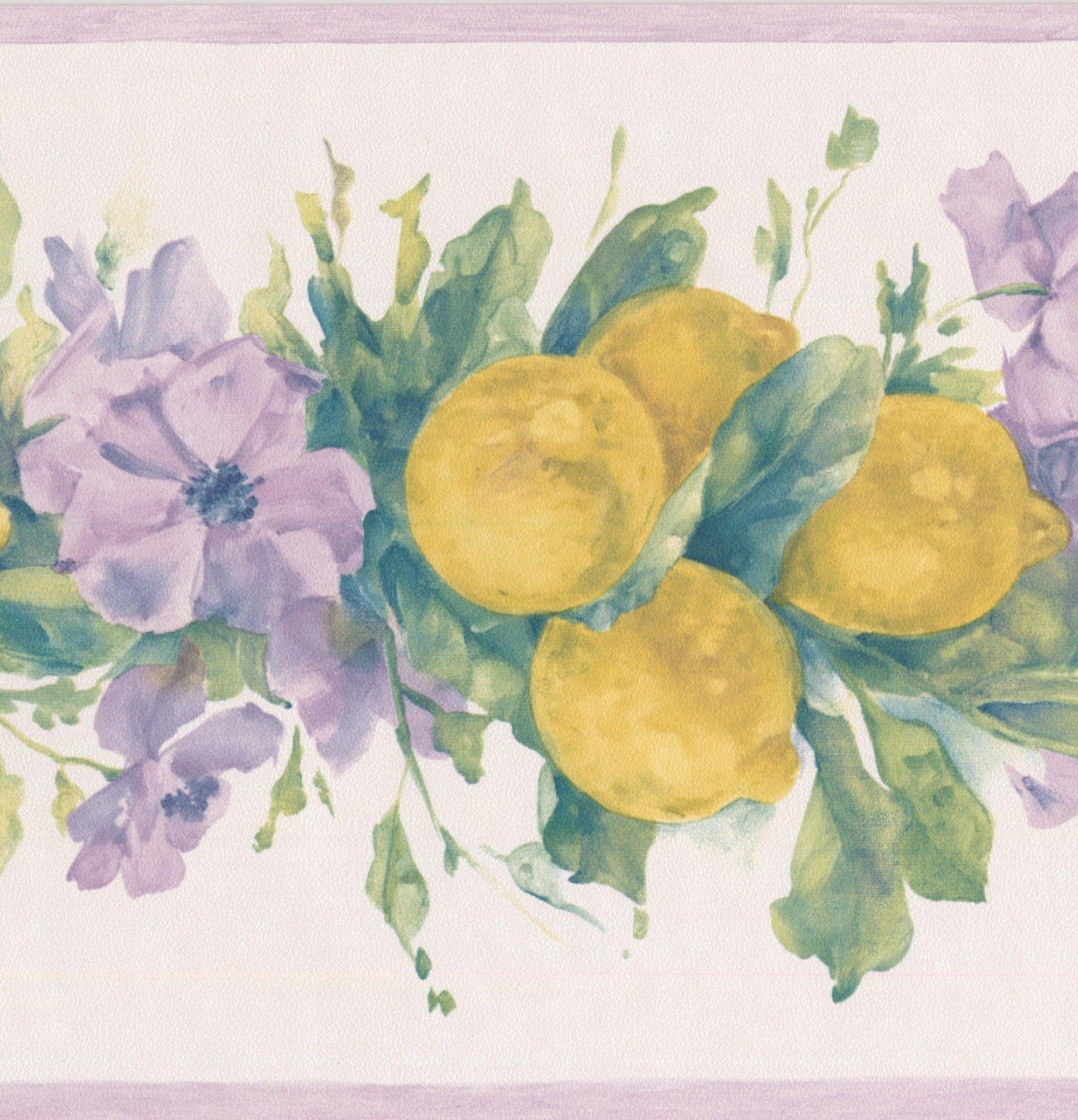 2000x2077 Yellow Lemons Purple Flowers on Vine Pearl White Wallpaper Border Retro Design, Roll 15' x 7''