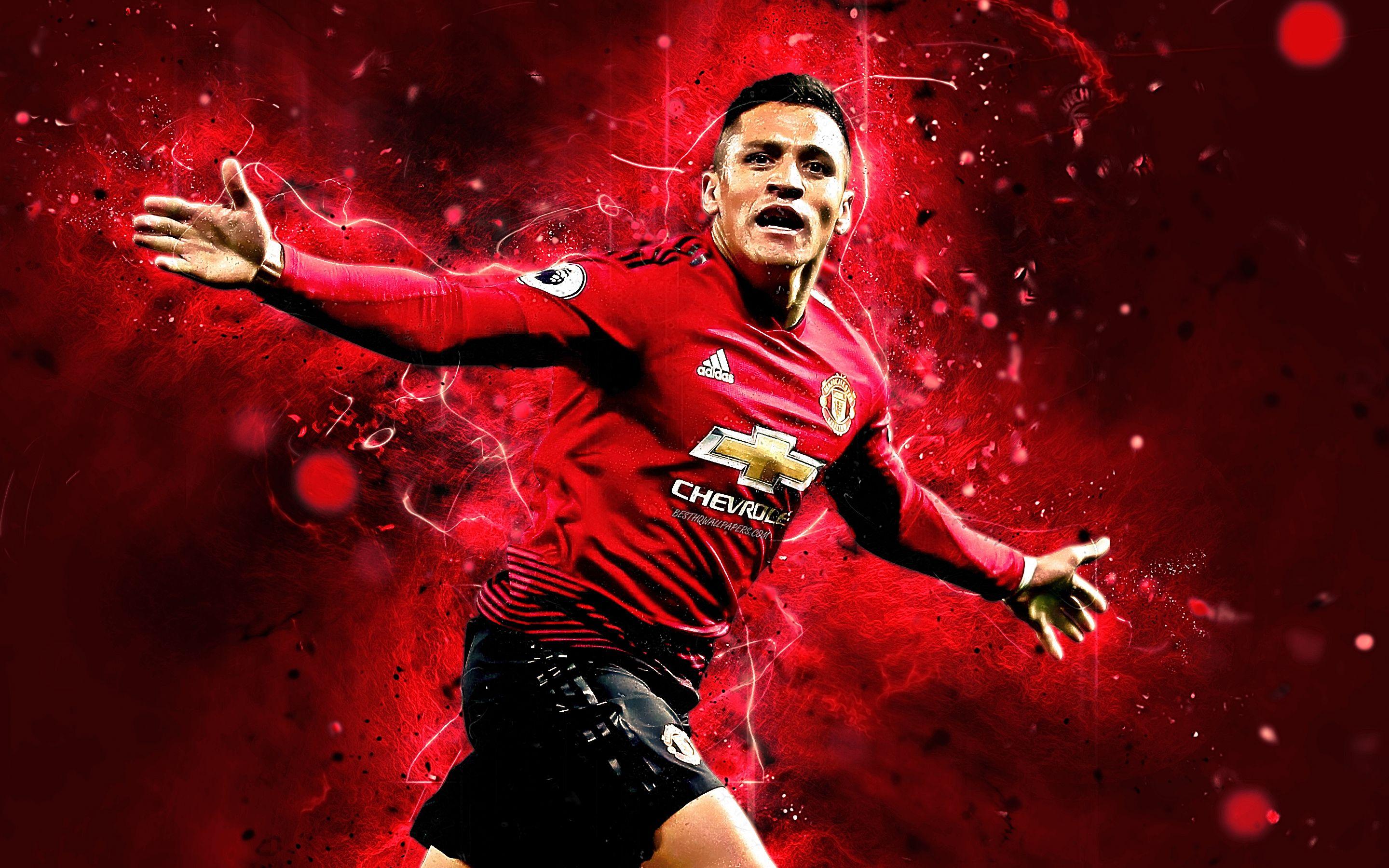 2880x1800 Download wallpaper Alexis Sanchez, goal, Manchester United FC, chilean footballers, neon lights, Premier League, Alexis, soccer, football, Man United for desktop with resolution 2880x1800. High Quality HD picture wallpaper