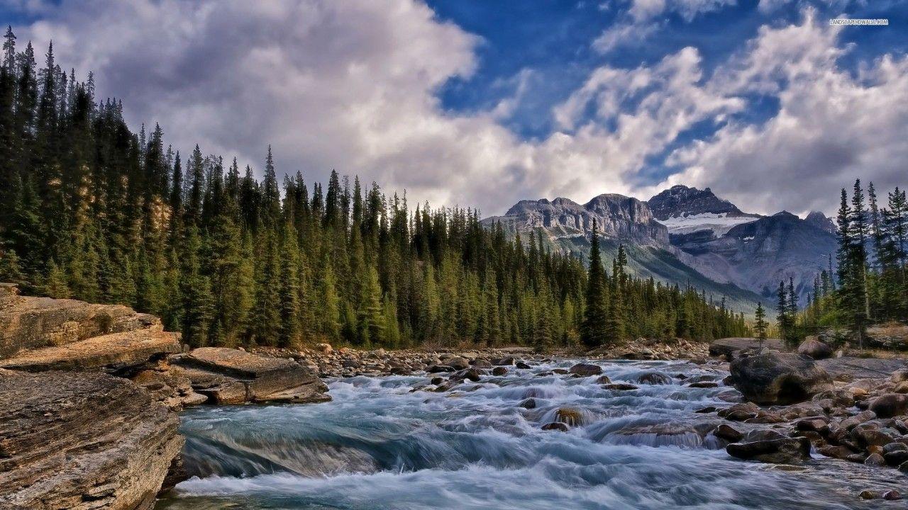 1280x720 Vườn quốc gia Banff, Canada, núi, rừng, cây, sông, bầu trời, đám mây, hình nền thiên nhiên.  Vườn quốc gia Banff, ca