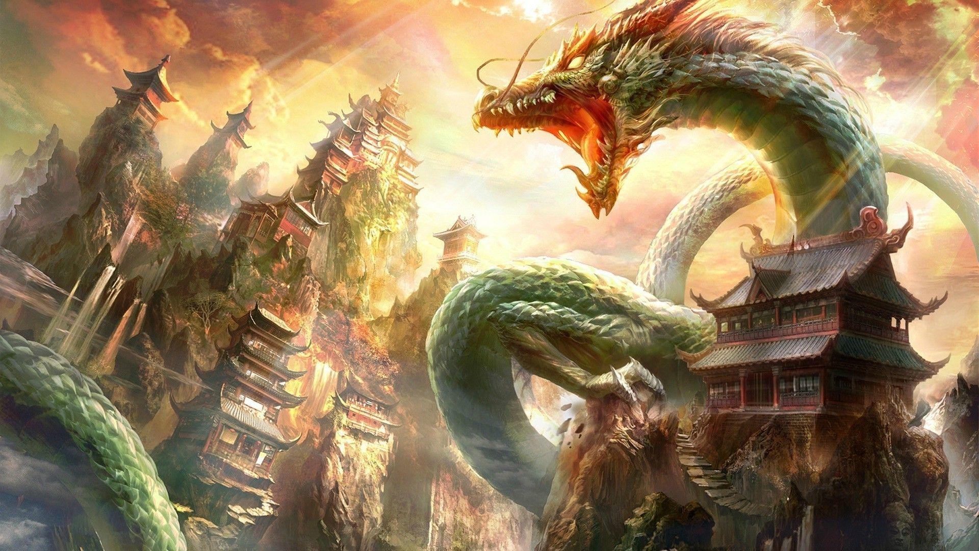 1920x1080 Wallpaper : 1920x1080 px, Chinese architecture, clouds, digital art