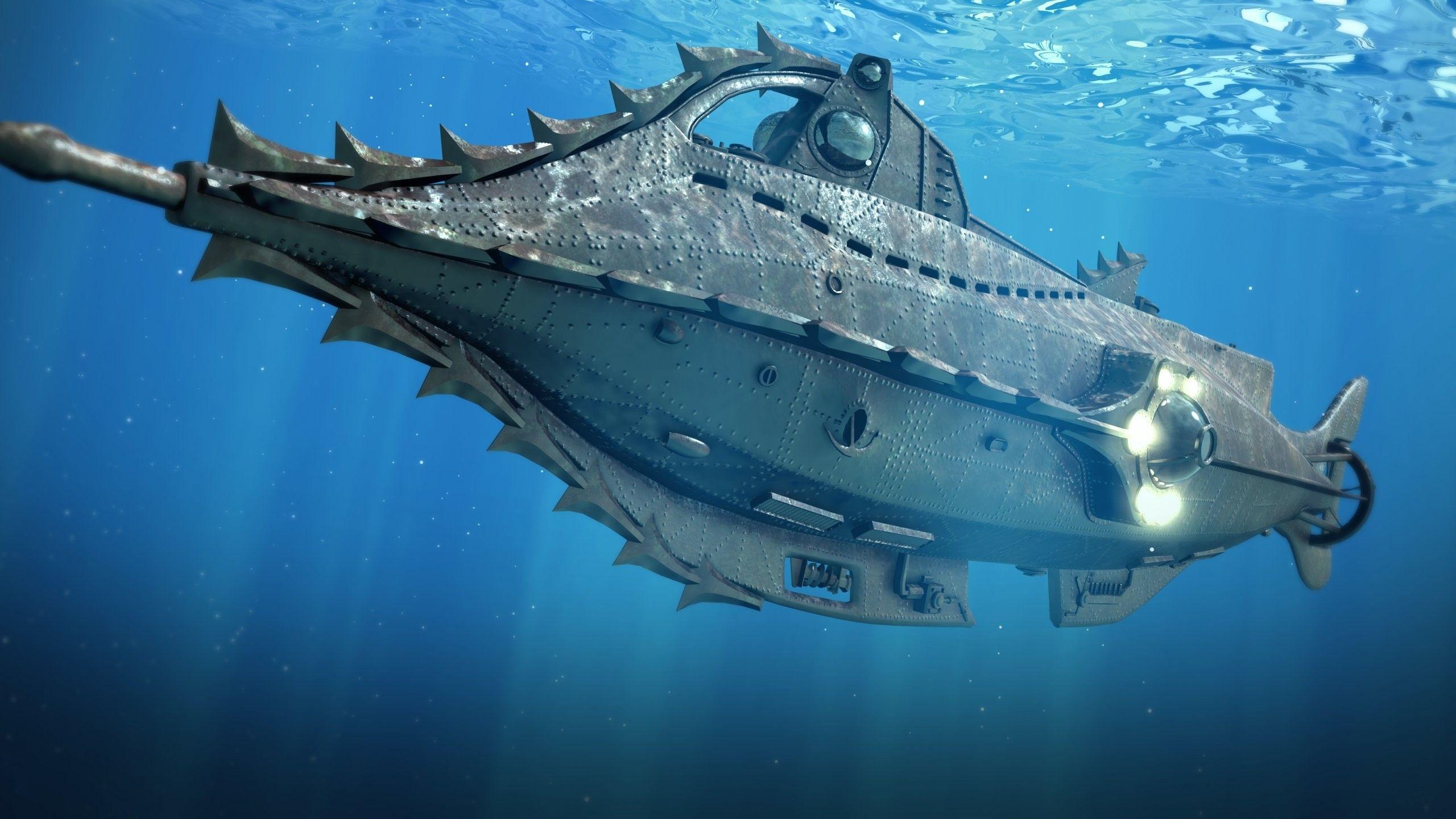 2560x1440 Jules Verne, Digital art, Fantasy art, Underwater, Submarine, Sea, Sun rays, Blue, 20000 Leagues Under the Sea Wallpaper HD / Desktop and Mobile Background