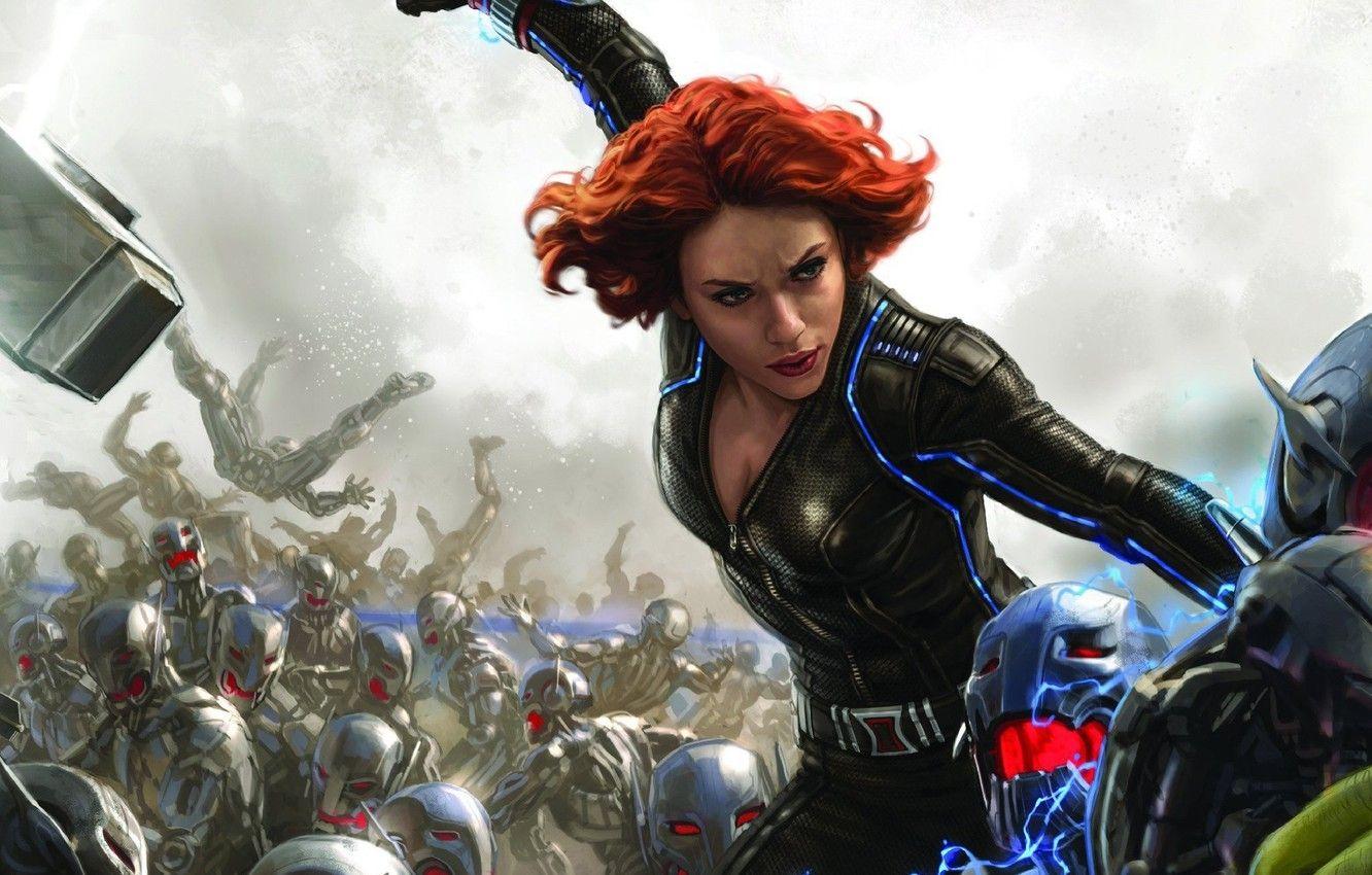 1332x850 Wallpaper Scarlett Johansson, battlefield, girl, Fantasy, red hair, woman, war, Marvel, redhead, battle, robots, film, Black Widow, superheroes, Natasha Romanoff, The Avengers image for desktop, section фильмы