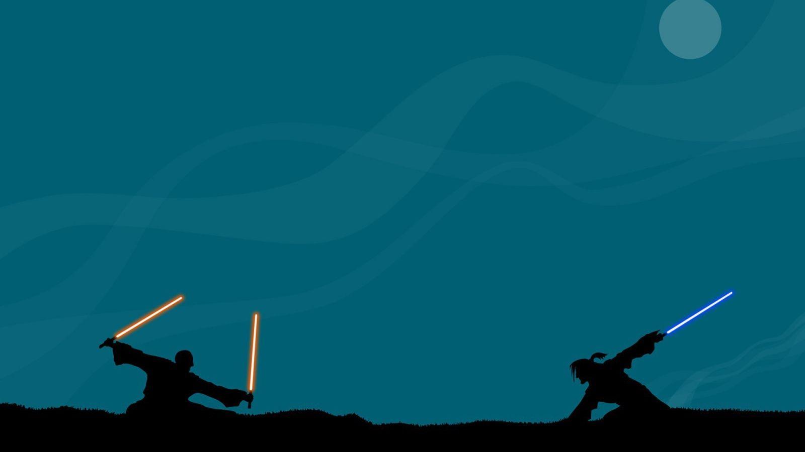 1600x900 Lightsaber battle, blue background Desktop wallpaper 1600x900