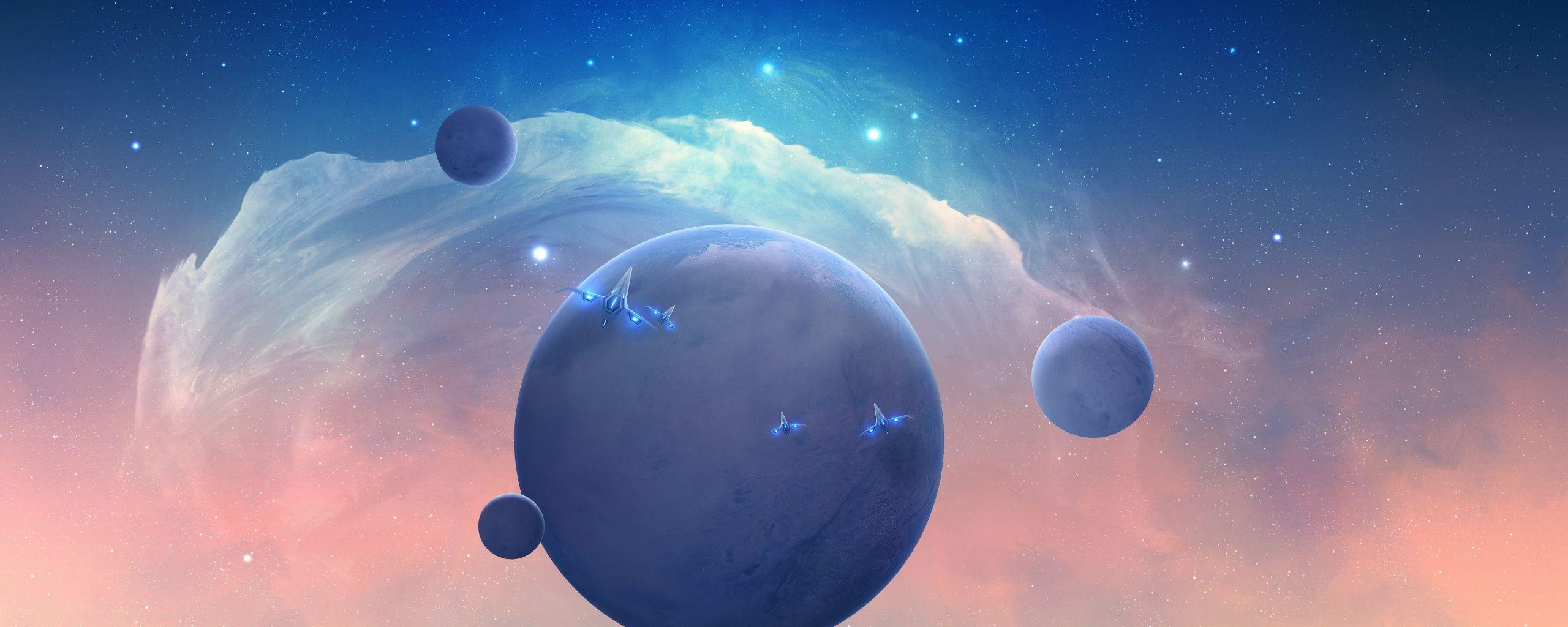 2560x1024 Desktop Wallpaper Spaceships, Spacecraft, Planets, Space, 4k, HD Image, Picture, Background, 7c586d