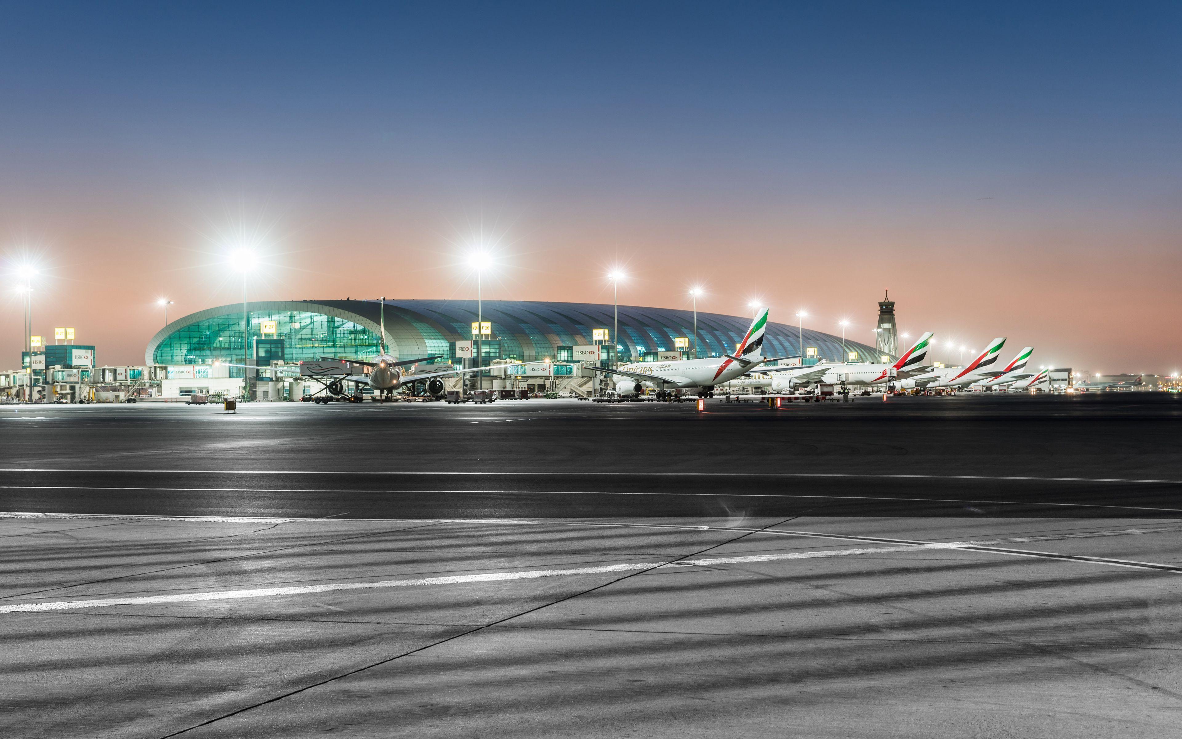 3840x2400 Download wallpaper Dubai International Airport, 4k, night, passenger aircraft, Dubai, UAE for desktop with resolution 3840x2400. High Quality HD picture wallpaper
