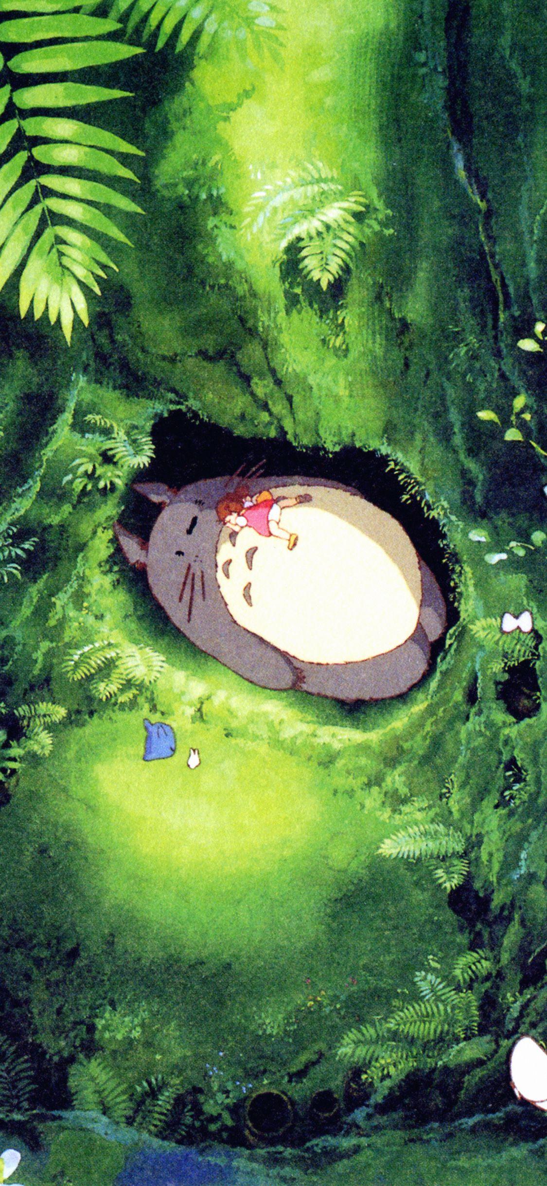 1125x2436 iPhone wallpaper. japan totoro art green anime illustration