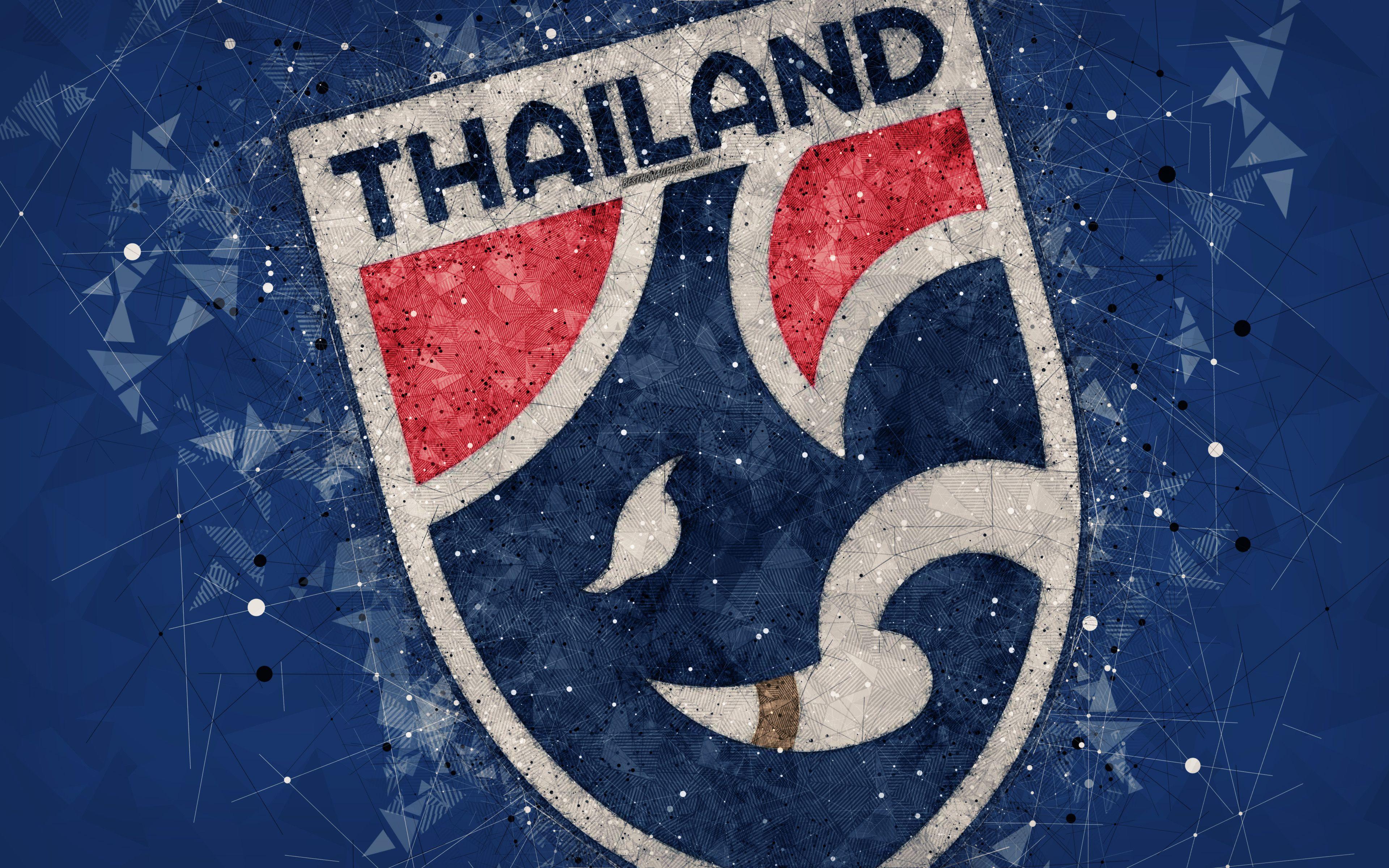 3840x2400 Download wallpaper Thailand national football team, 4k, geometric art, logo, blue abstract background, Asian Football Confederation, Asia, emblem, Thailand, football, AFC, grunge style, creative art for desktop with resolution 3840x2400. High Quality