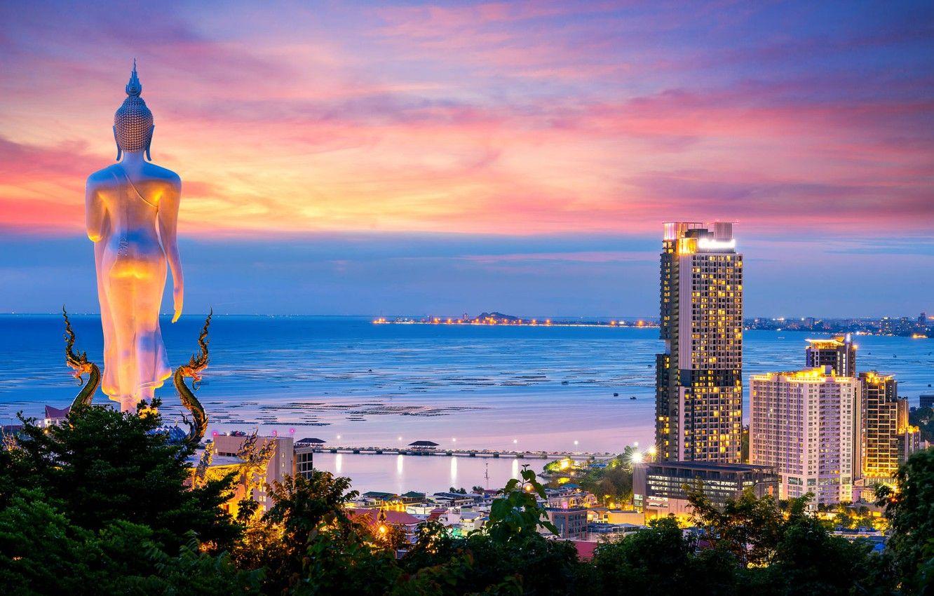 1332x850 Wallpaper sea, landscape, night, nature, coast, building, home, Thailand, statue, Buddha image for desktop, section пейзажи