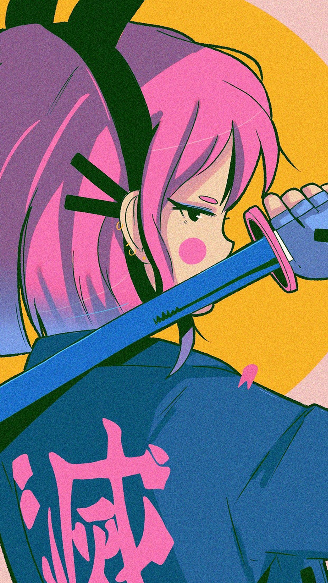 1242x2208 Art Japan Girl Illust Sword Pink Wallpaper