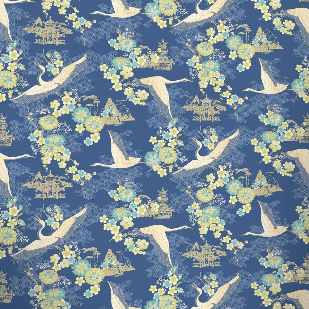 1000x1000 Bird Wallpaper Flower Temples Oriental Theme Floral Metallic Navy