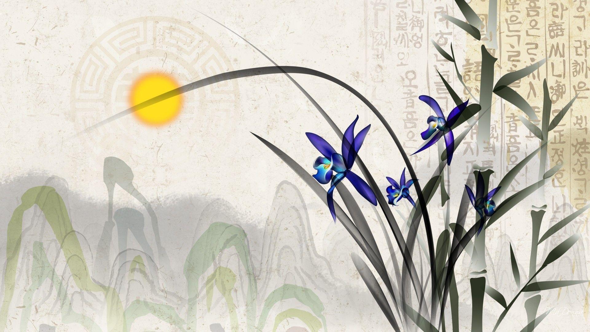1920x1080 Flowers: Purple Orient Sun Flower Bamboo Persona Oriental Abstract