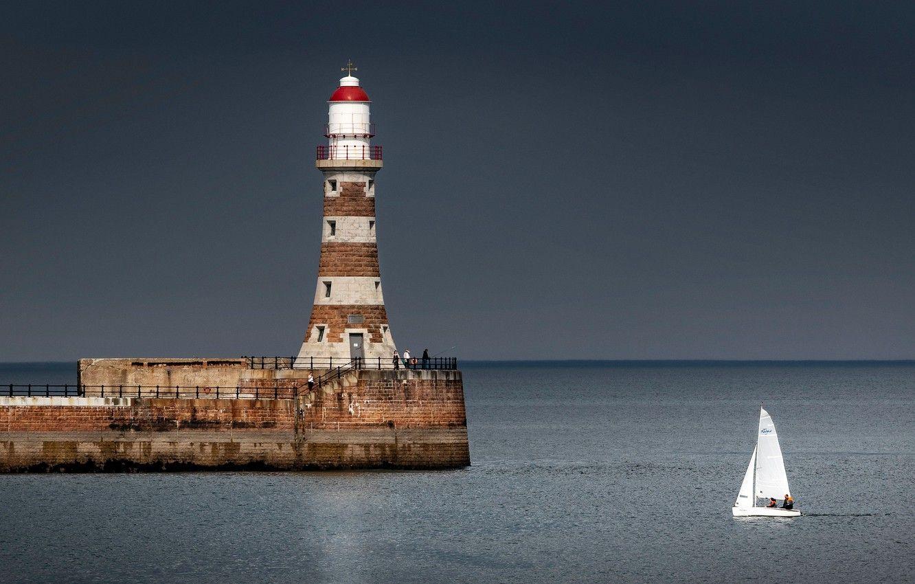1332x850 Wallpaper sea, lighthouse, England, yacht, England, North sea, North Sea, Sunderland, Sunderland, Roker Lighthouse, Beacon Rocker image for desktop, section пейзажи