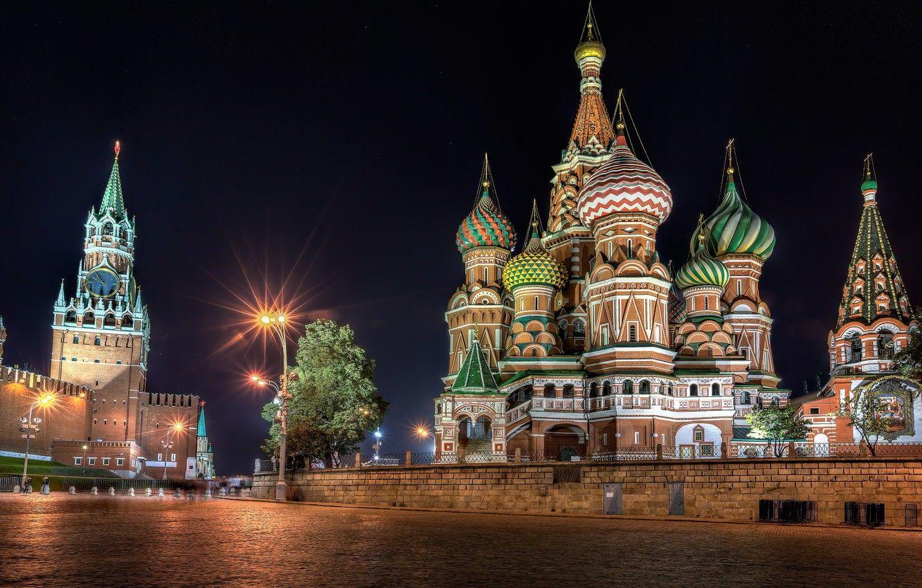 1332x850 Wallpaper night, Moscow, The Kremlin, St. Basil's Cathedral, Russia, Red square image for desktop, section город
