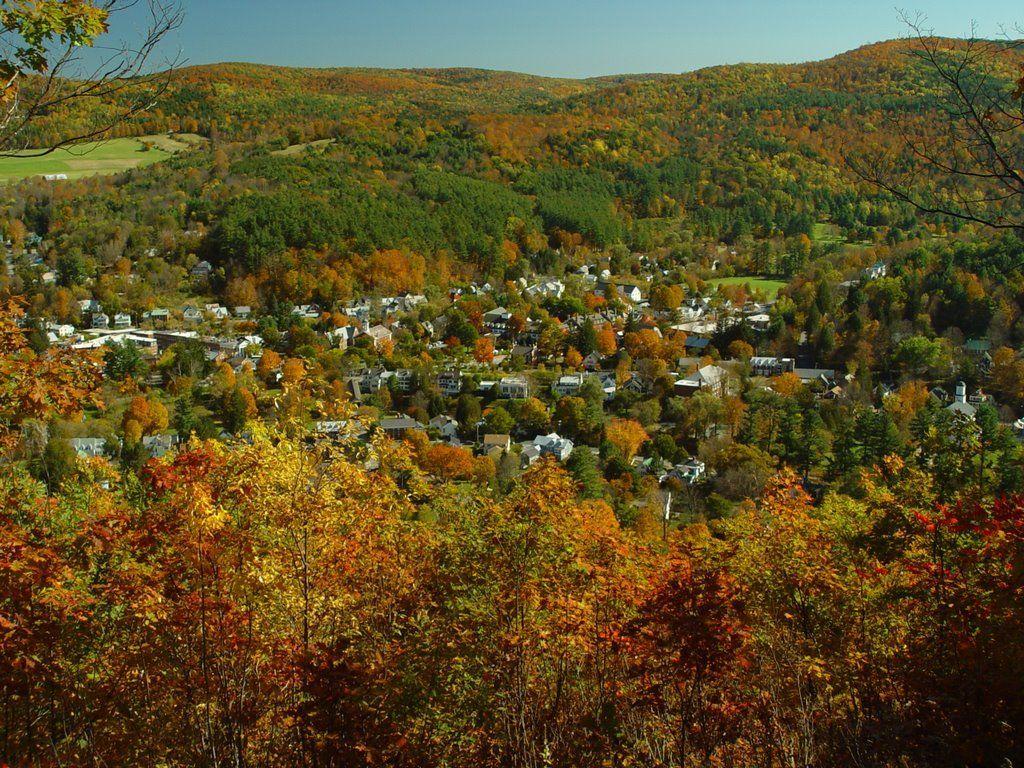 1024x768 Autumn in Woodstock VT from Mt Tom. Vermont Churches Farms