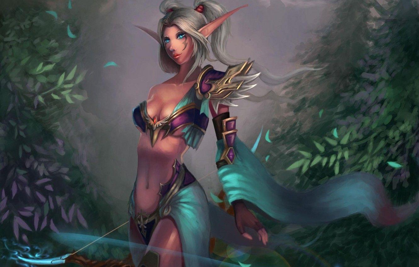 1332x850 Wallpaper girl, bow, tattoo, art, World of Warcraft, ears, Hunter, Night Elf, wow, Cheng Guang image for desktop, section игры