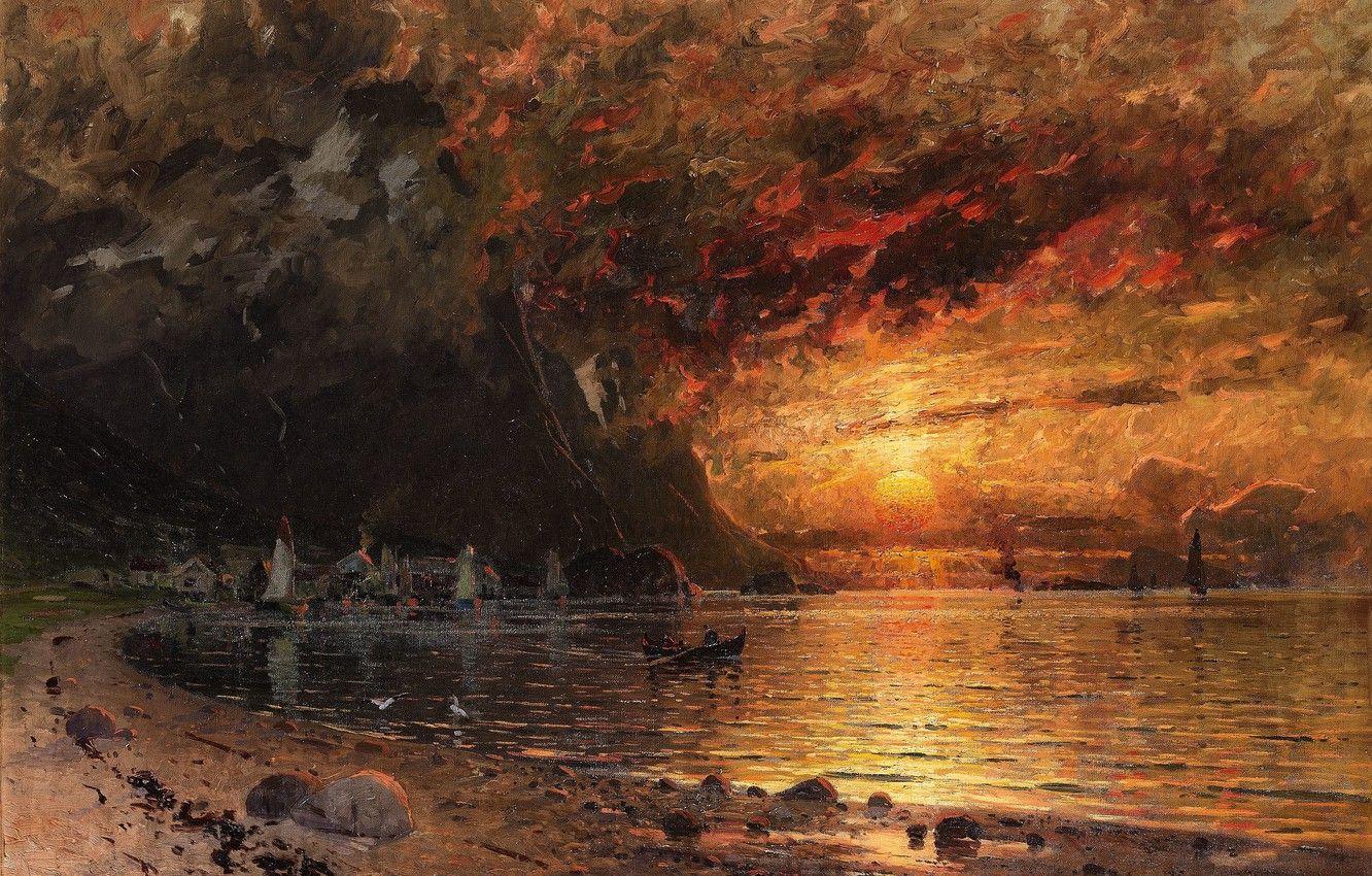1332x850 Wallpaper water, the sun, sunset, shore, boat, fjords, adelsteen normann, fjord landscape with midnight sun image for desktop, section живопись