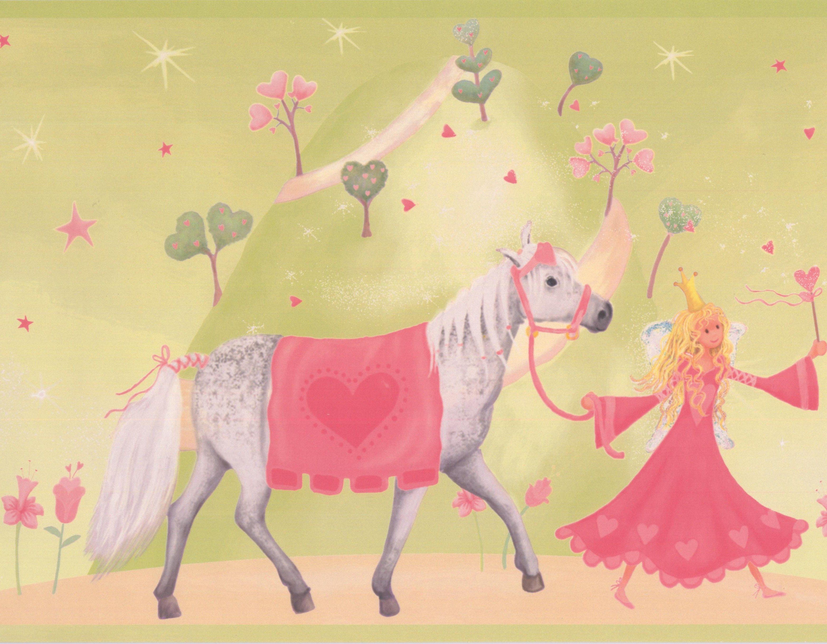 3483x2713 Princess Castle Horse Red on Greenish Yellow Wallpaper Border for Kids, Roll 15' x 9''