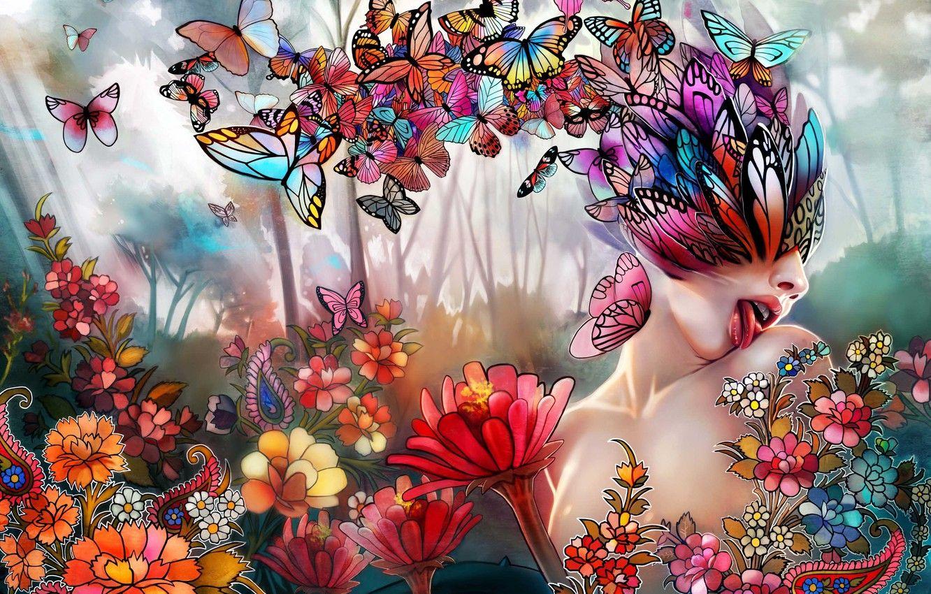 1332x850 Wallpaper language, girl, butterfly, flowers, collage, art image for desktop, section абстракции
