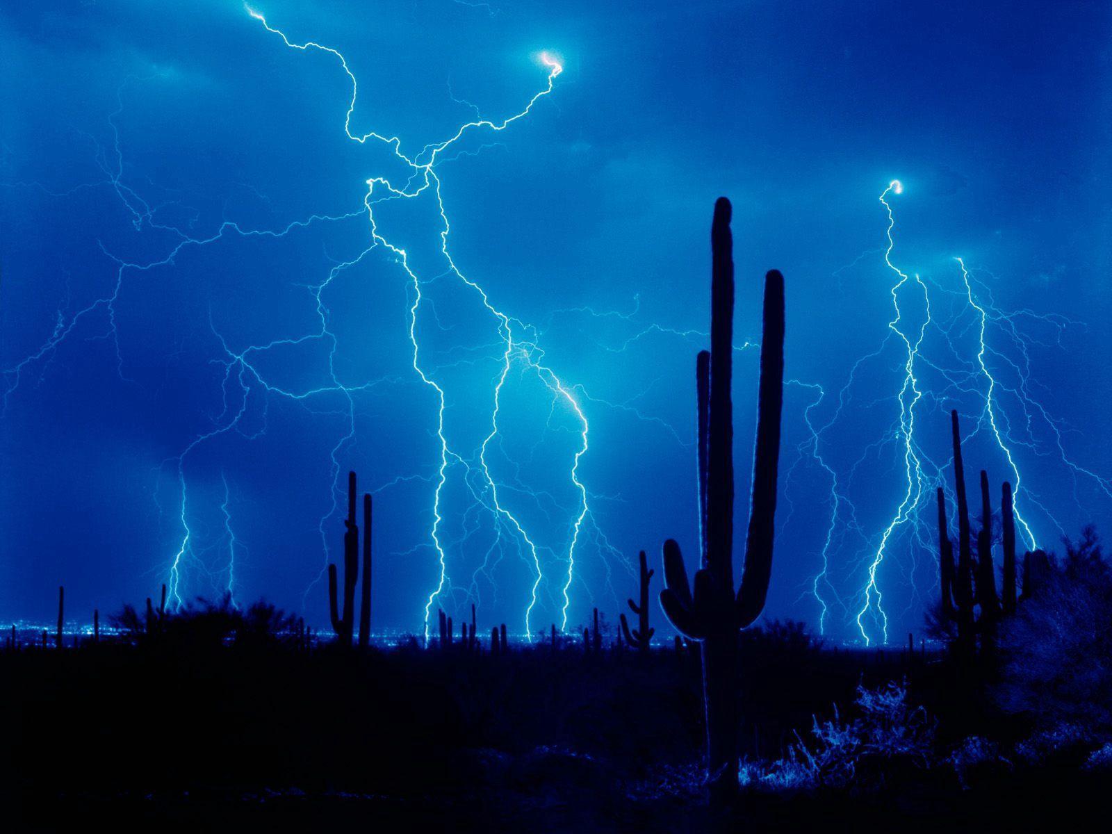 1600x1200 Download Wallpaper 1600x1200 Lightning, Thunder Storm, Elements, Sky, Cactuses, Outlines, Desert HD Background