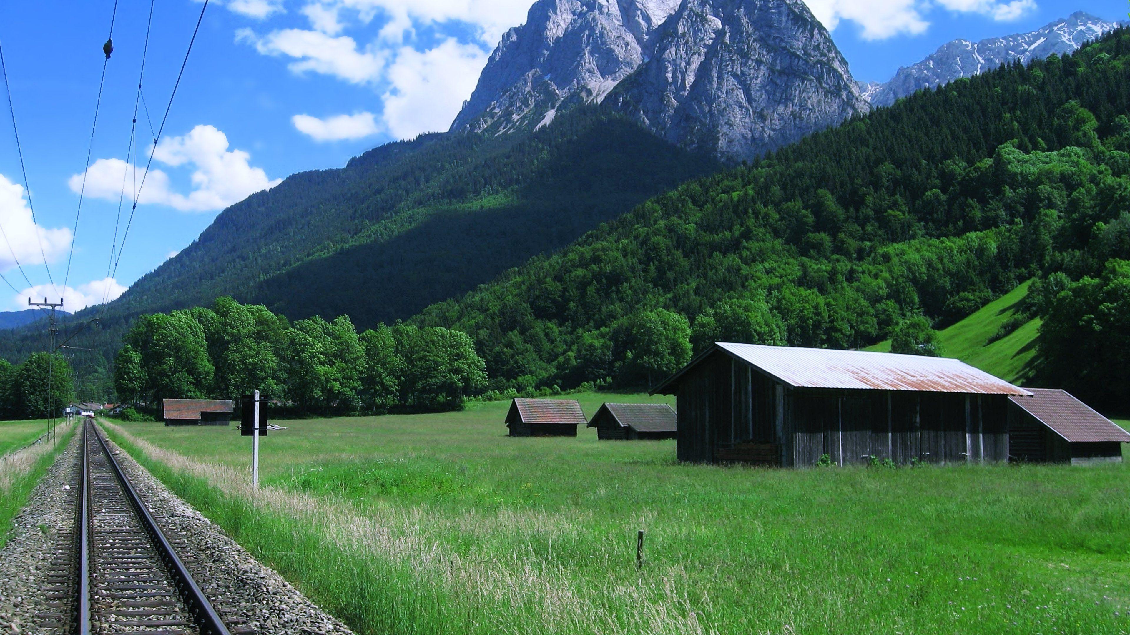 3840x2160 Countryside houses farms mountains trees sky clouds green forest jungle Railroad wallpaperx2160