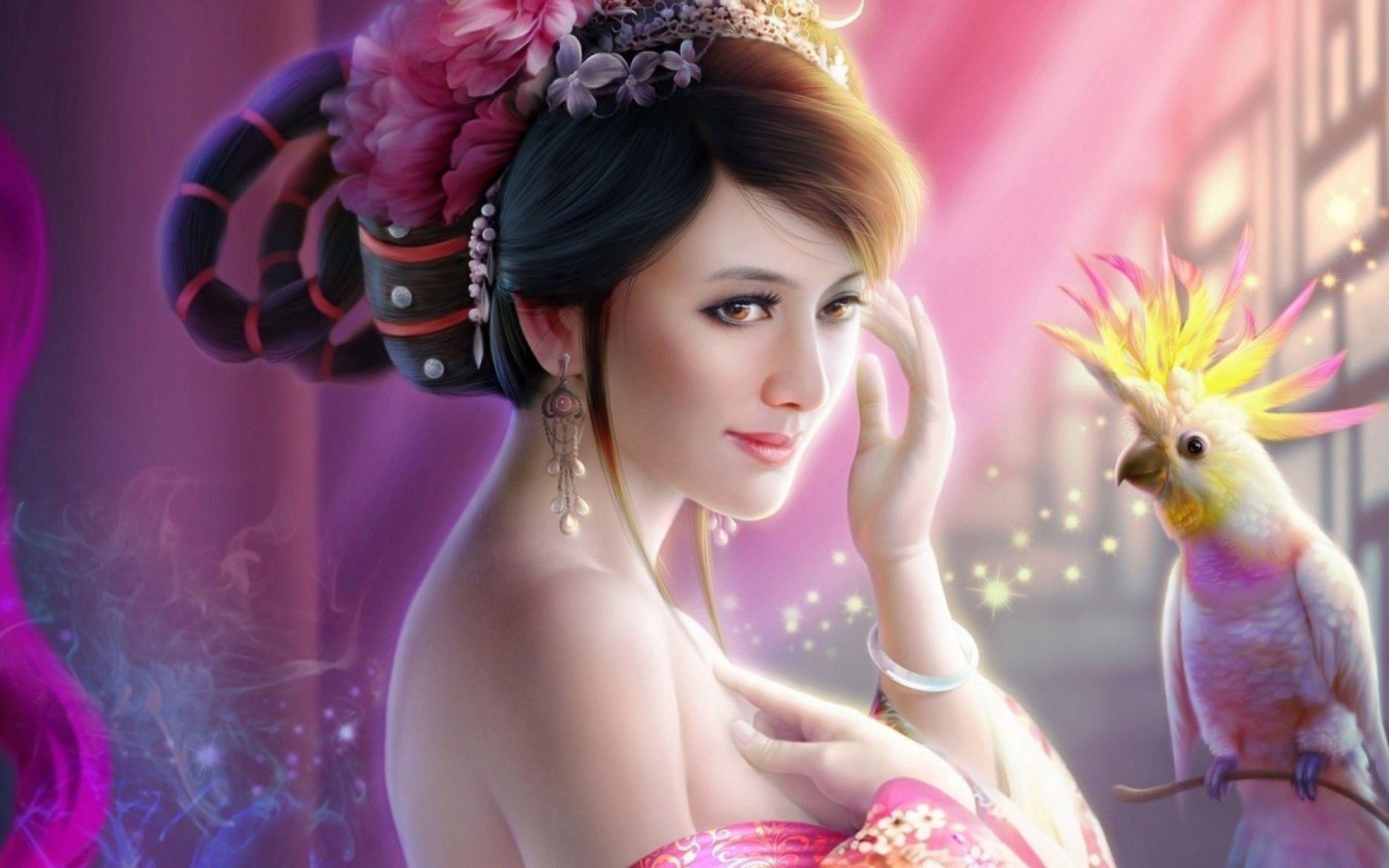 2880x1800 Fantasy Wallpaper Girl Parrot Art Bird HD Wallpaper :