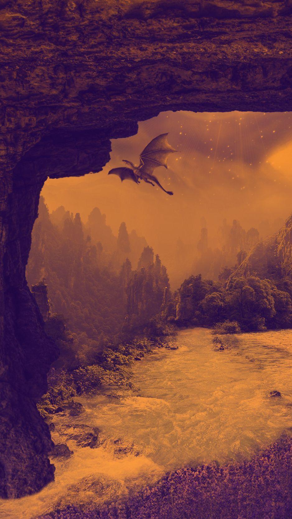 938x1668 Download Wallpaper 938x1668 Dragon, Mystical, Fantasy, Waterfall, River, Rocks Iphone 8 7 6s 6 For Parallax HD Background