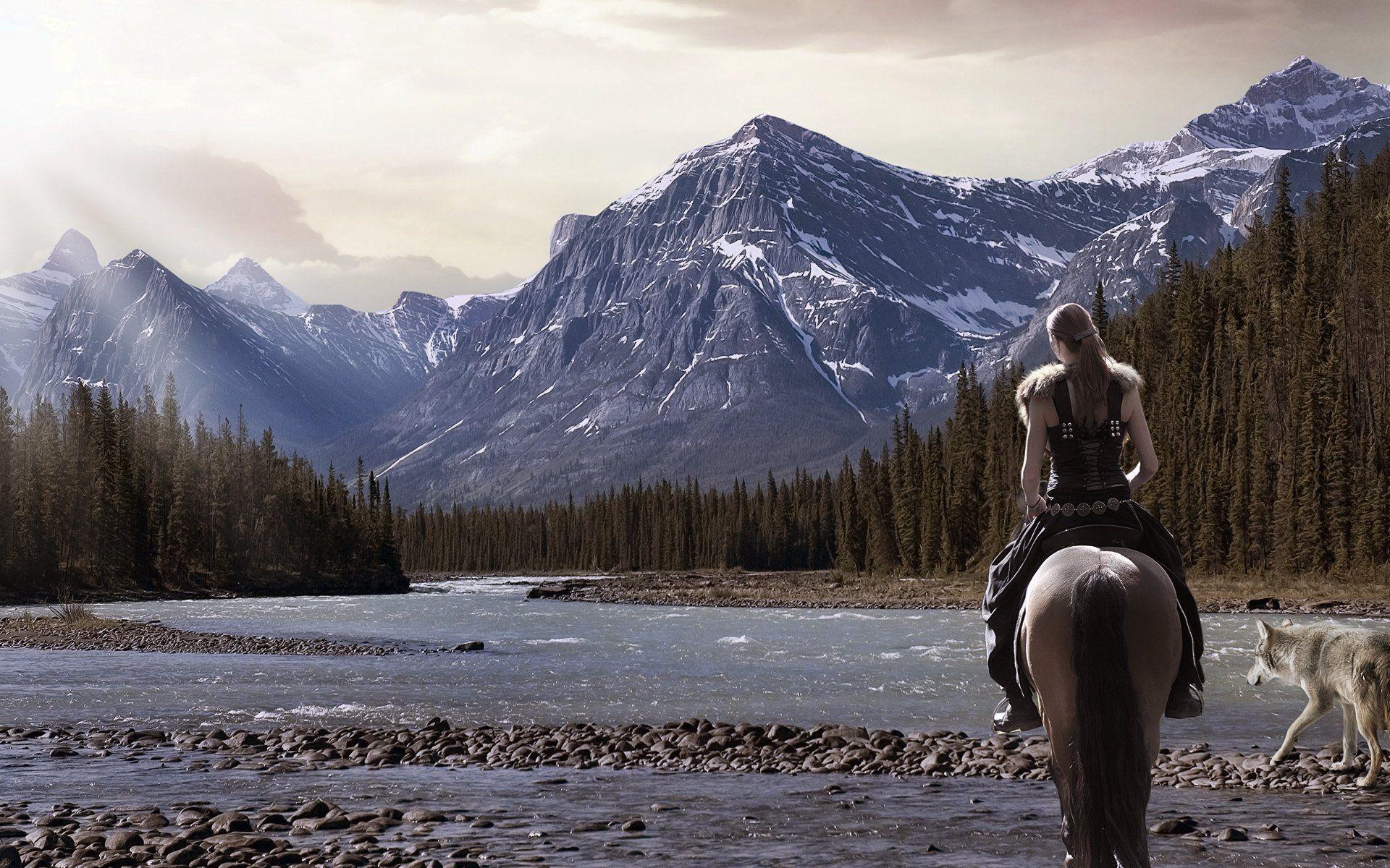 1920x1200 river, Wolf, Girl, Nature, Forest, Warrior, Horse, Mountain Wallpaper HD / Desktop and Mobile Background