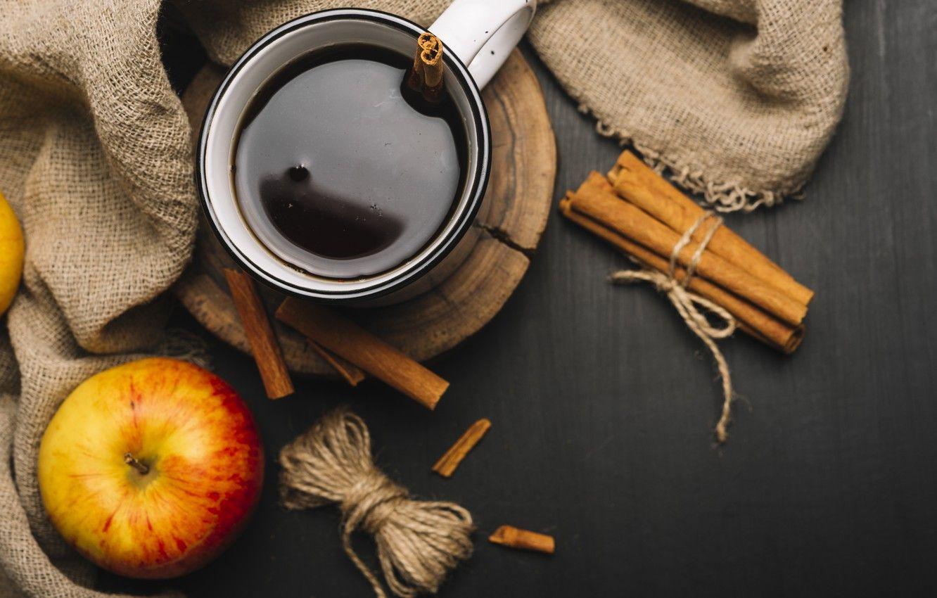 1332x850 Wallpaper autumn, leaves, background, tree, apples, coffee, colorful, mug, Cup, vintage, wood, background, autumn, leaves, cup, coffee image for desktop, section еда