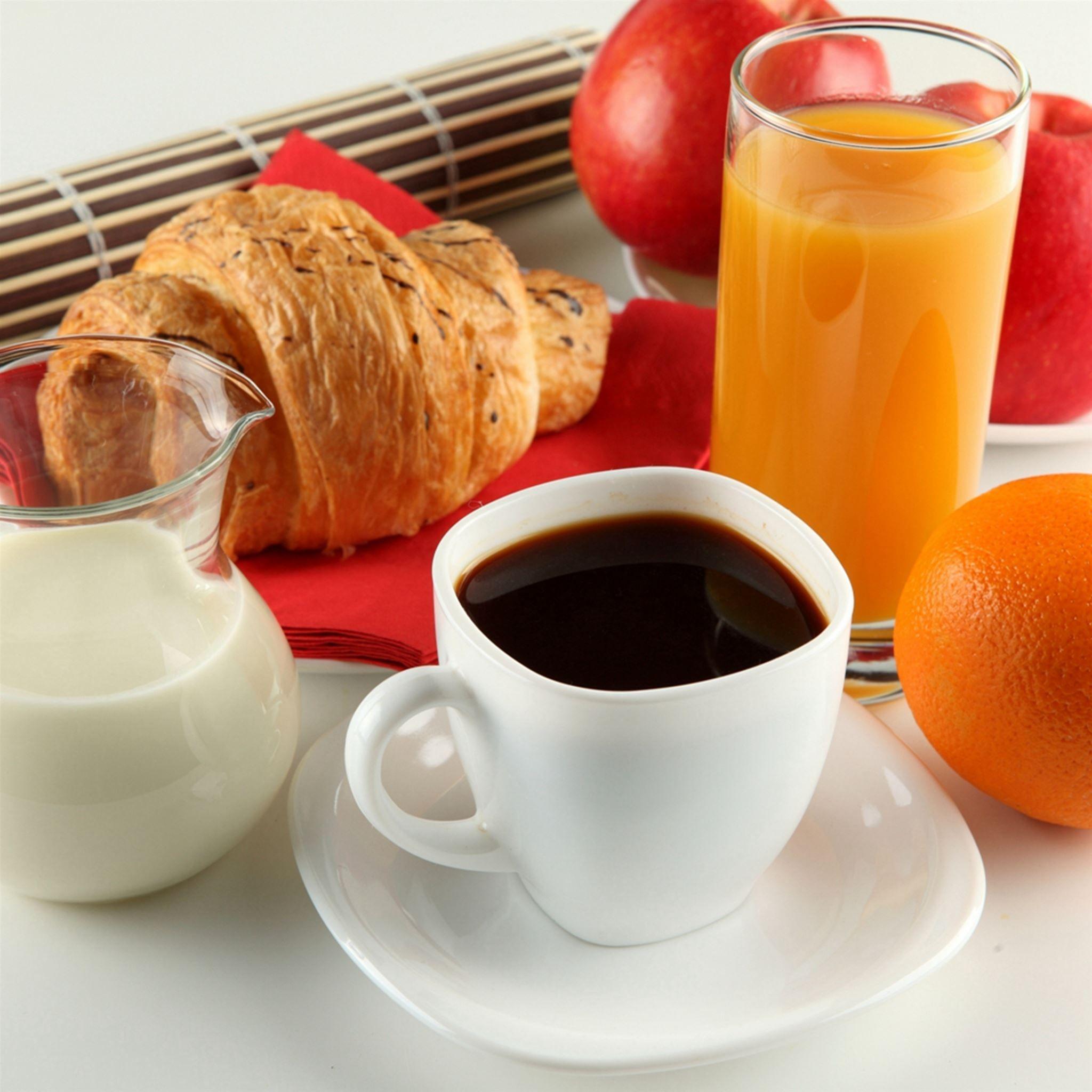 2048x2048 Breakfast Coffee Milk Orange Juice Croissant Apple Cup White Saucer Jug iPad Pro Wallpaper Free Download