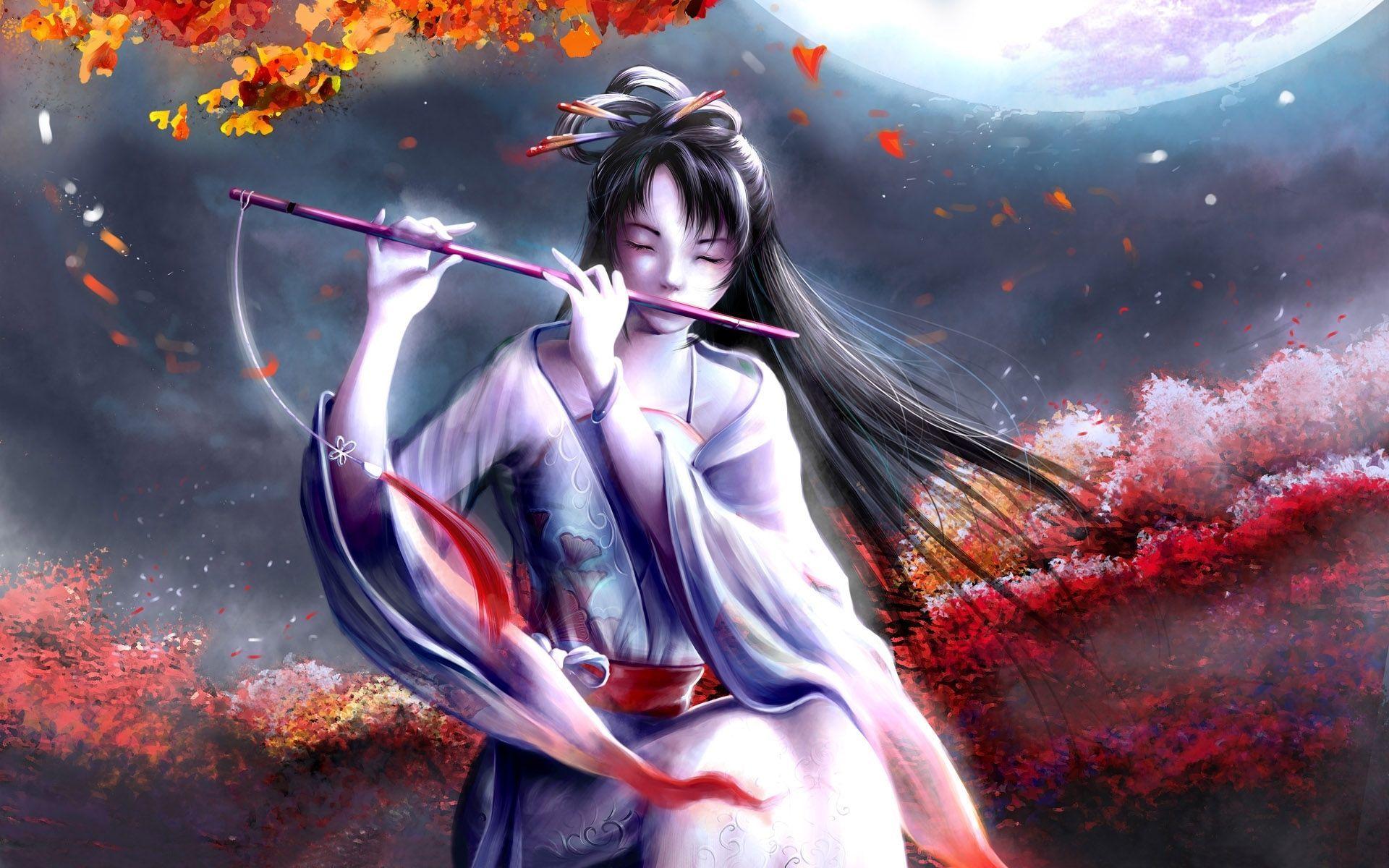 Wallpaper grey background, flute, red eyes, long hair, red ribbon, black  magic, Chinese clothing, Mo Dao Zu Shi for mobile and desktop, section  сёнэн, resolution 1920x1080 - download