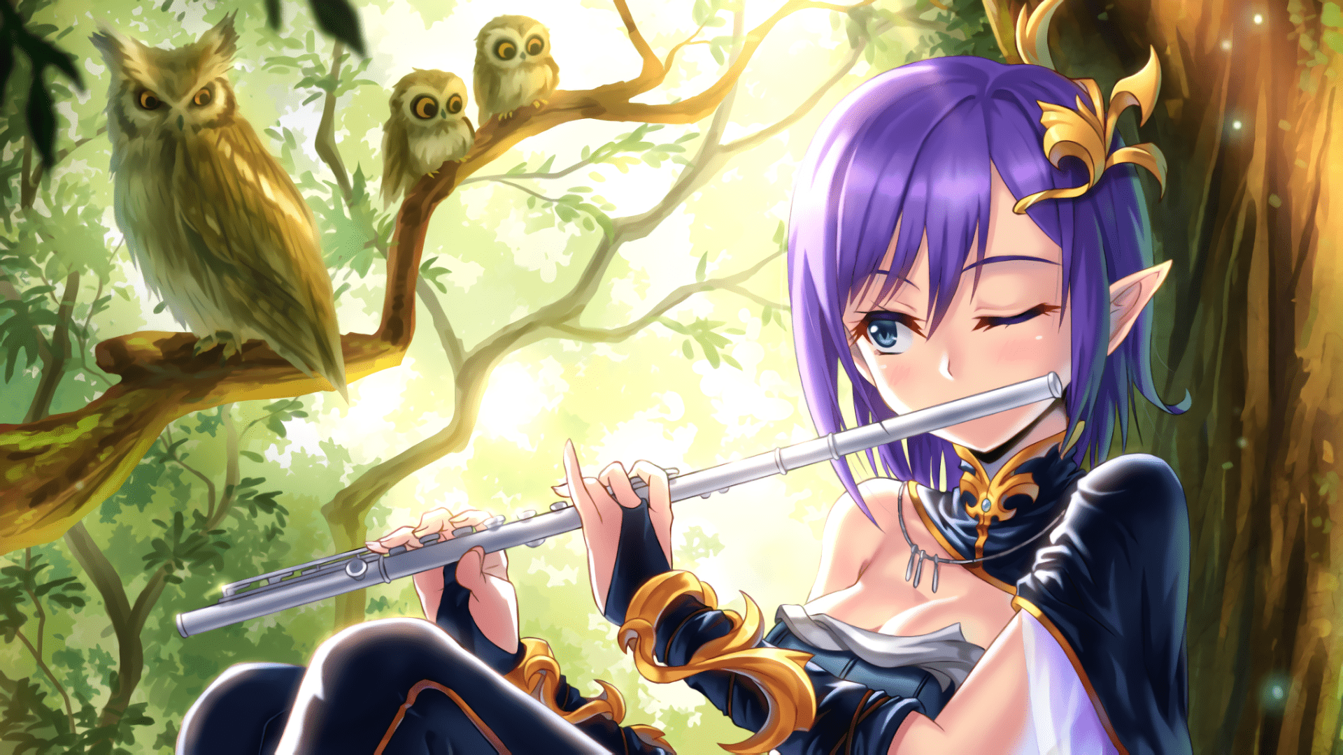 1920x1080 #artwork, #purple hair, #elves, #anime girls, #pointed ears, #owl, # flute, #short hair, wallpaper. Mocah.org HD Desktop Wallpaper