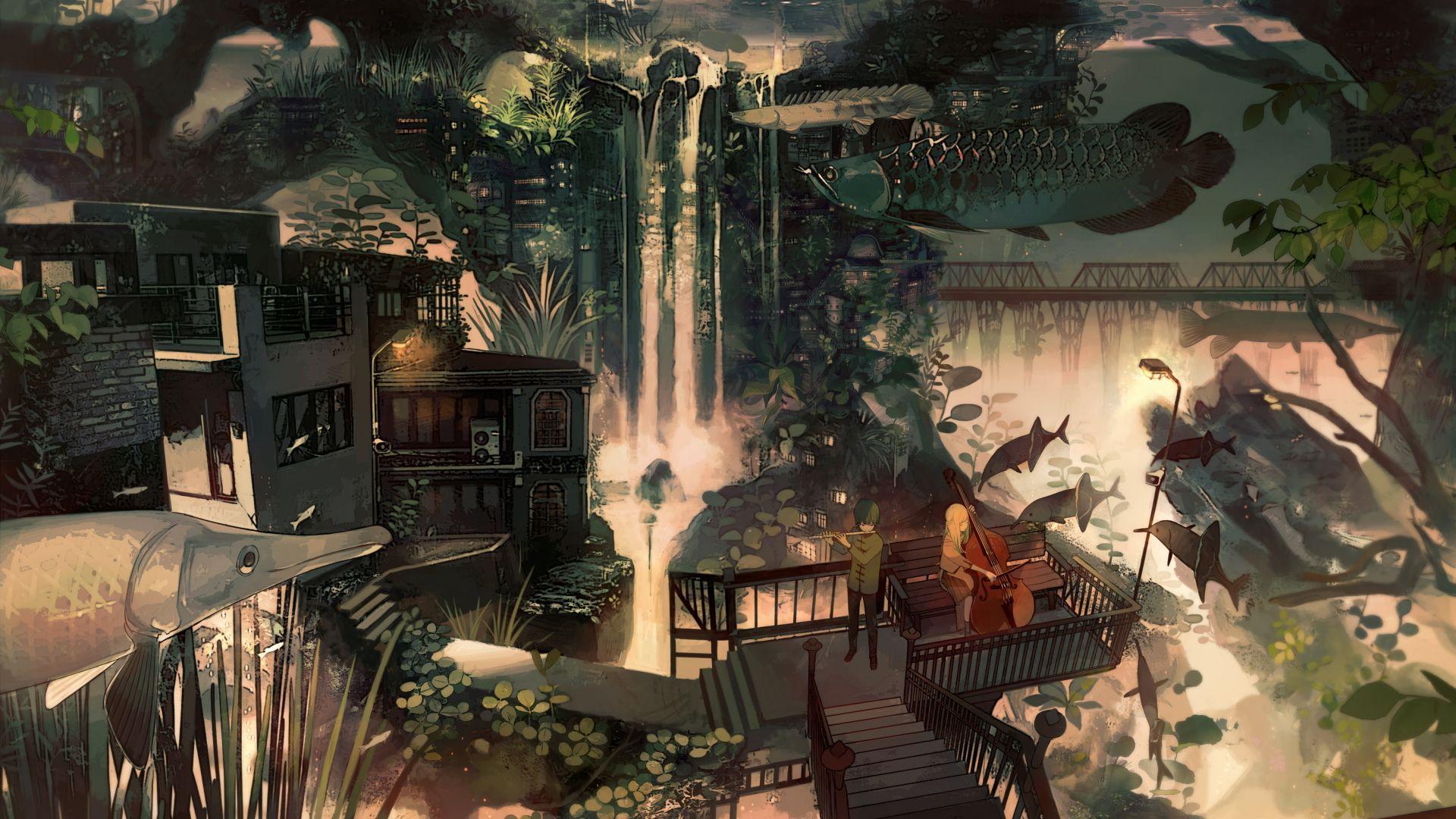1920x1080 Wallpaper City, Fish, Flute, Piano, 4K, Art