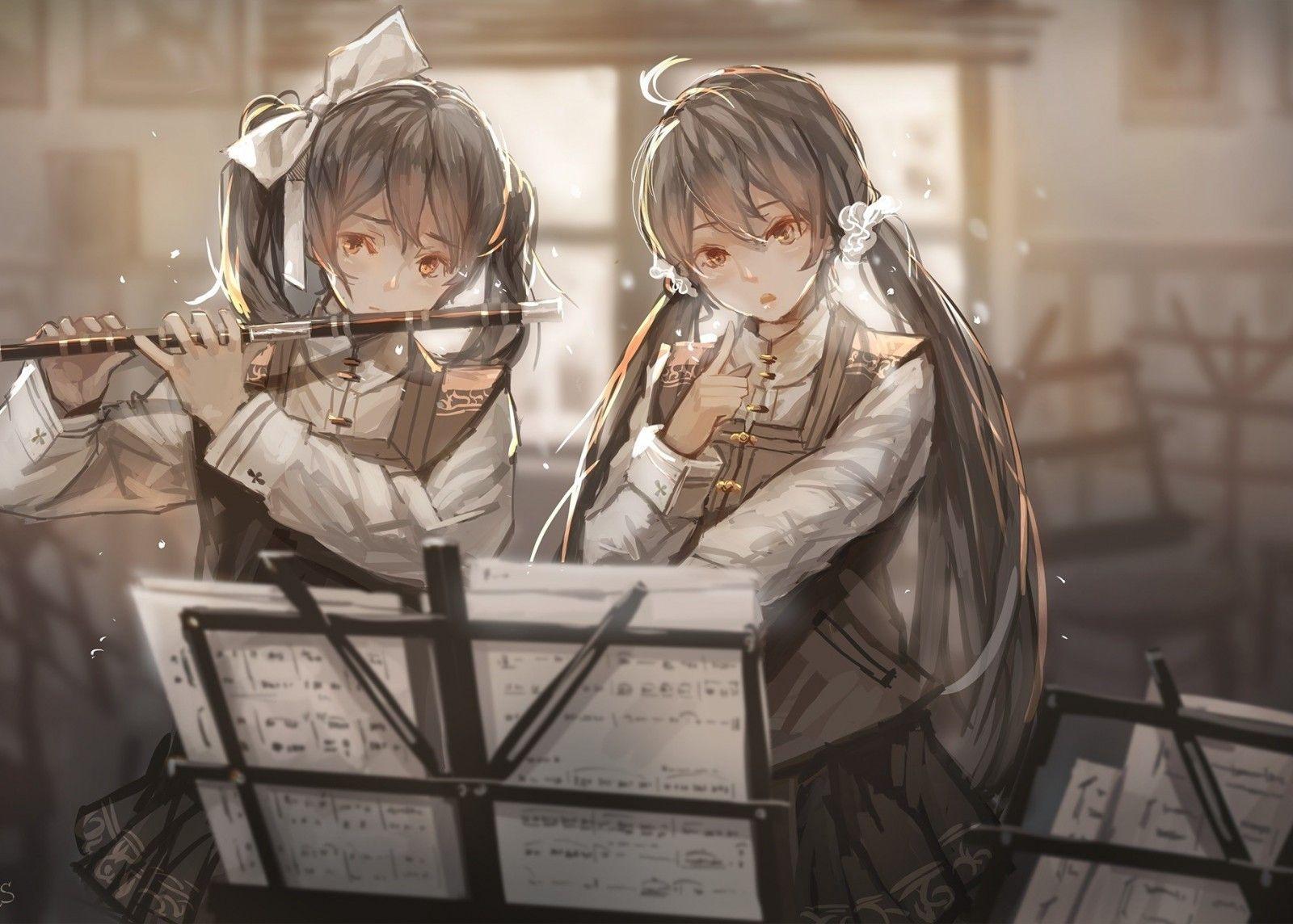 1600x1144 Download 1600x1144 Anime Girls, Flute, Instrument, Painting Wallpaper