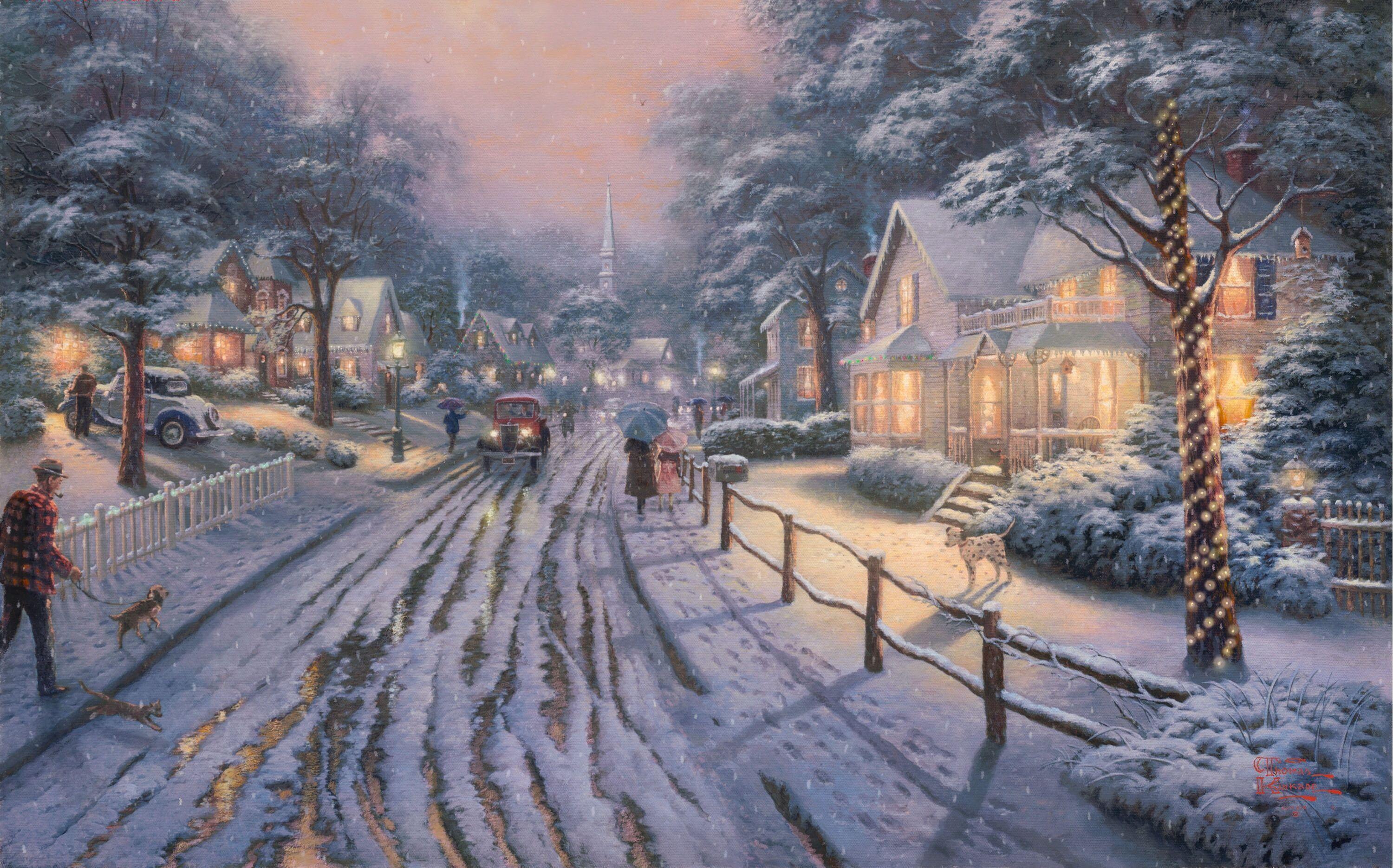 3000x1870 snow village digital wallpaper #winter #road #snow #machine #lights #lights #people #dog #picture #Christmas #h. Thomas kinkade, Digital wallpaper, House painting