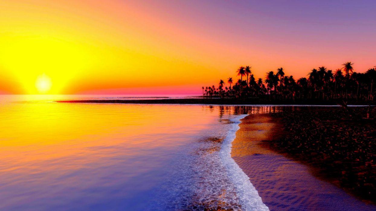 1245x700 Tropics sea sand palm trees sunset wallpaperx2880