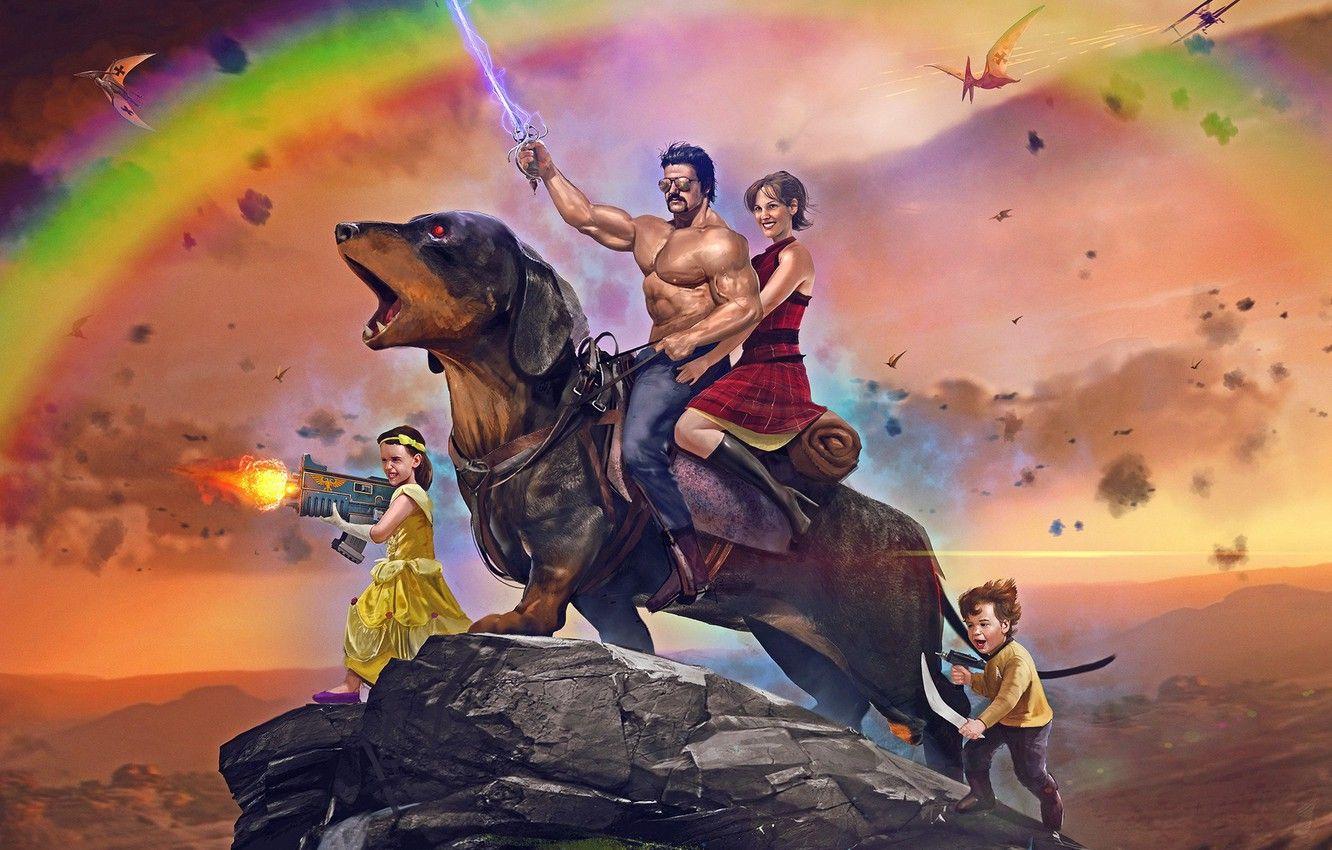 1332x850 Wallpaper The sky, Dog, Mountain, Children, Rainbow, Weapons, Rainbow, Fantasy, Sky, Art, Fight, Male, Art, Woman, Mountain, Fiction image for desktop, section фантастика