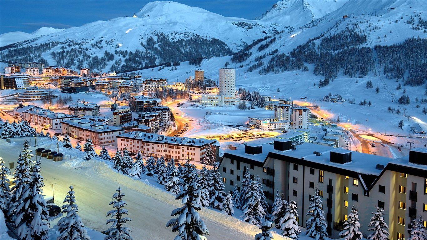 1366x768 Wallpaper City of winter snow mountains night 1920x1080 Full HD 2K Picture, Image