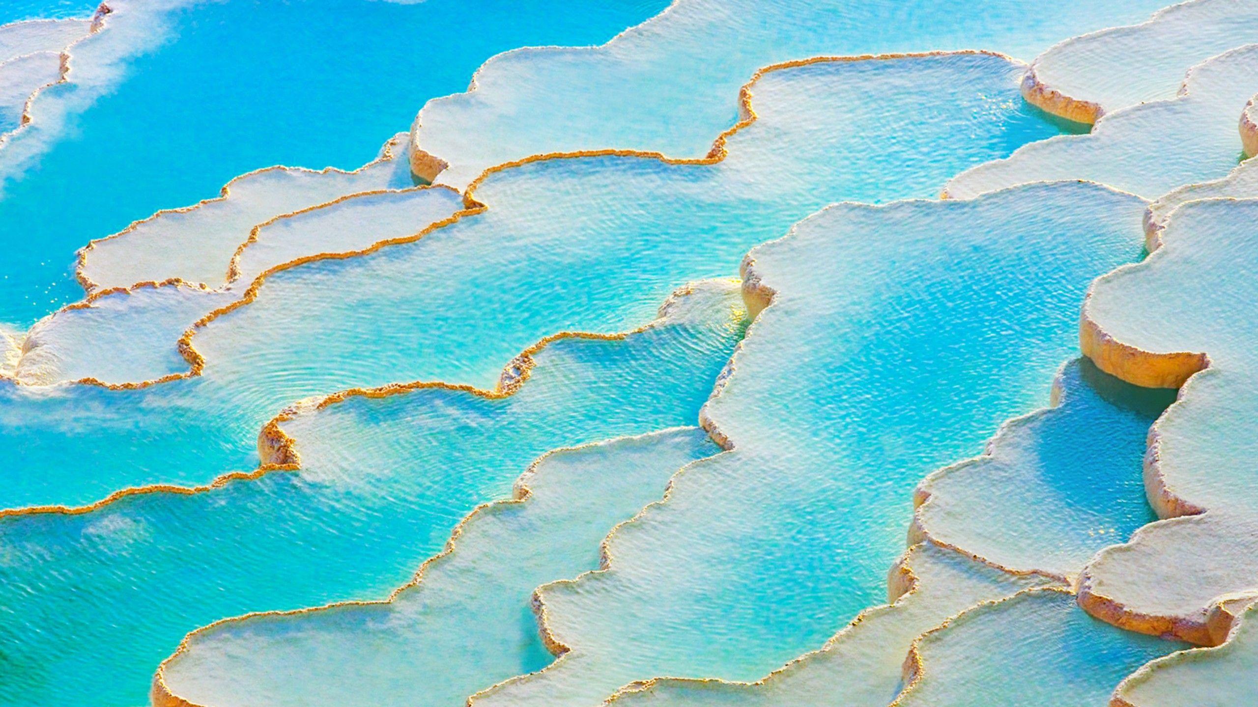 2560x1440 Travertines of Pamukkale 4K Wallpaper, Thermal pools, Limestone, Turkey, Nature