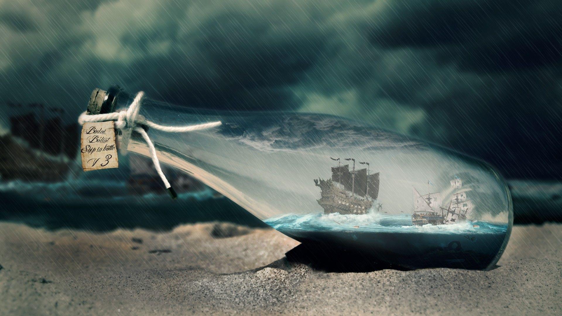1920x1080 sand, rain, storm, bottles, ships, battles, vortex, ship in bottle, sea wallpaper