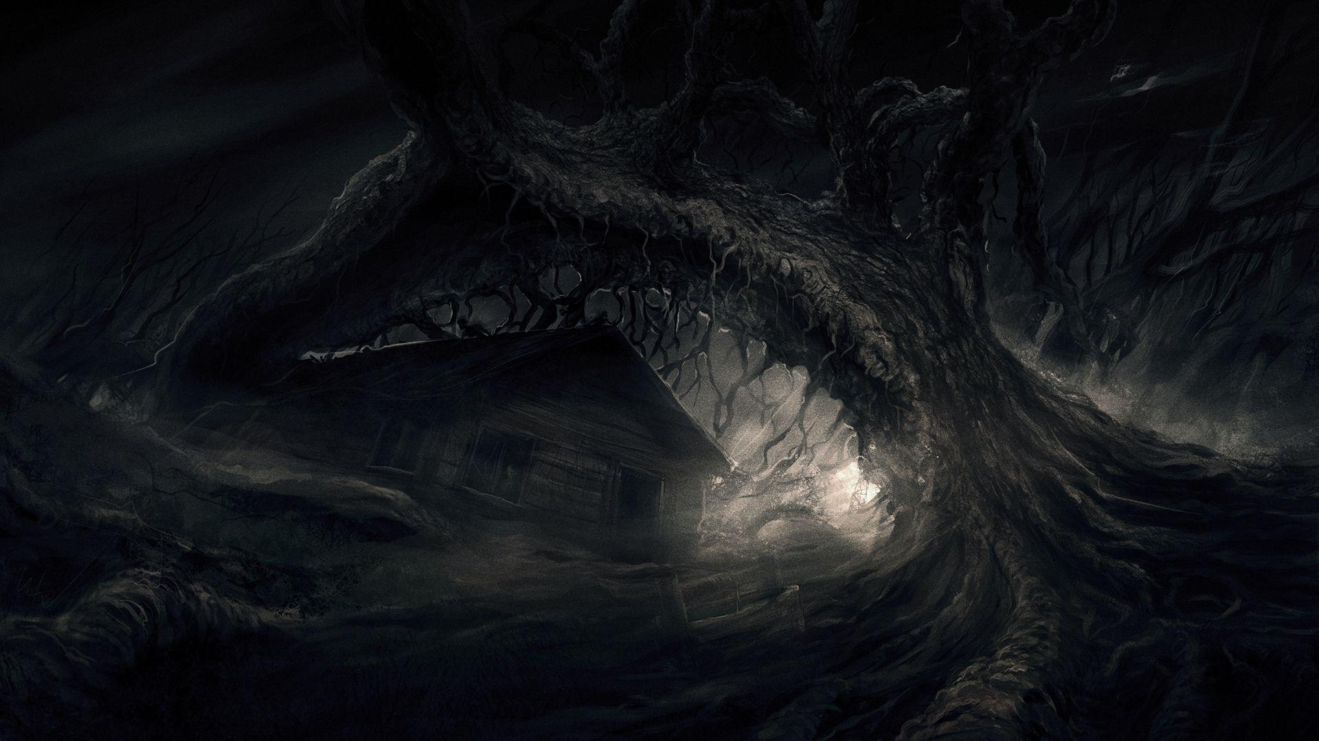 1920x1080 Download Tree and house, Darkwood, dark, video game wallpaper, 1920x Full HD, HDTV, FHD, 1080p