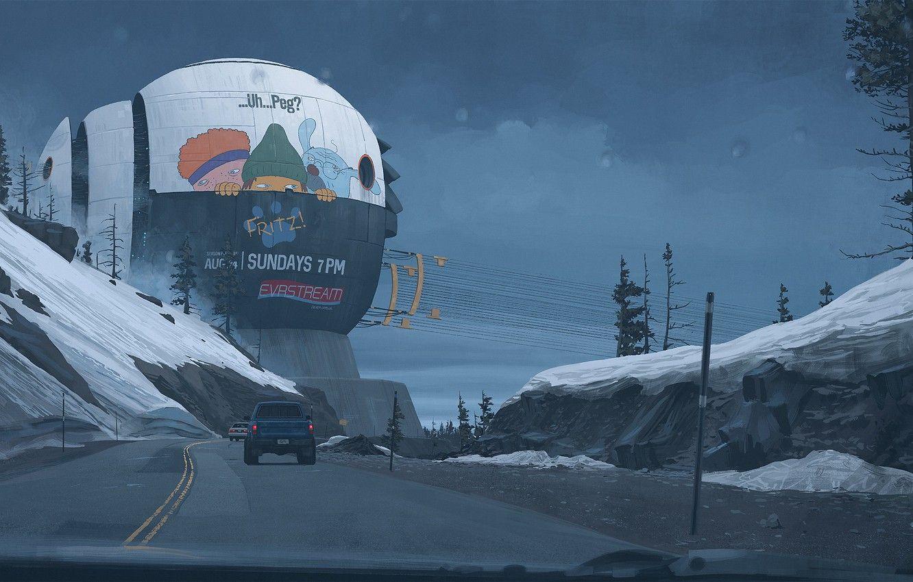 1332x850 Wallpaper mountains, track, construction, cars, Simon Stålenhag, main servers image for desktop, section фантастика