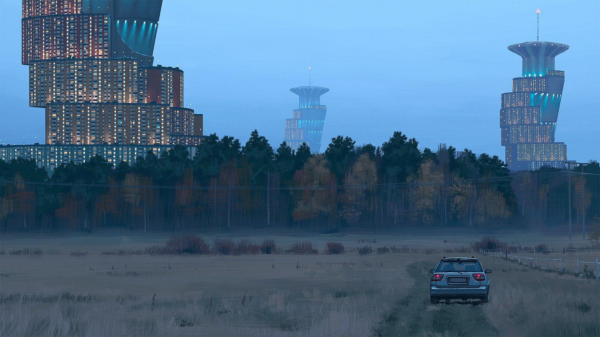 1920x1080 #Simon Stålenhag, #field, #forest, #science fiction wallpaper. Mocah.org HD Desktop Wallpaper