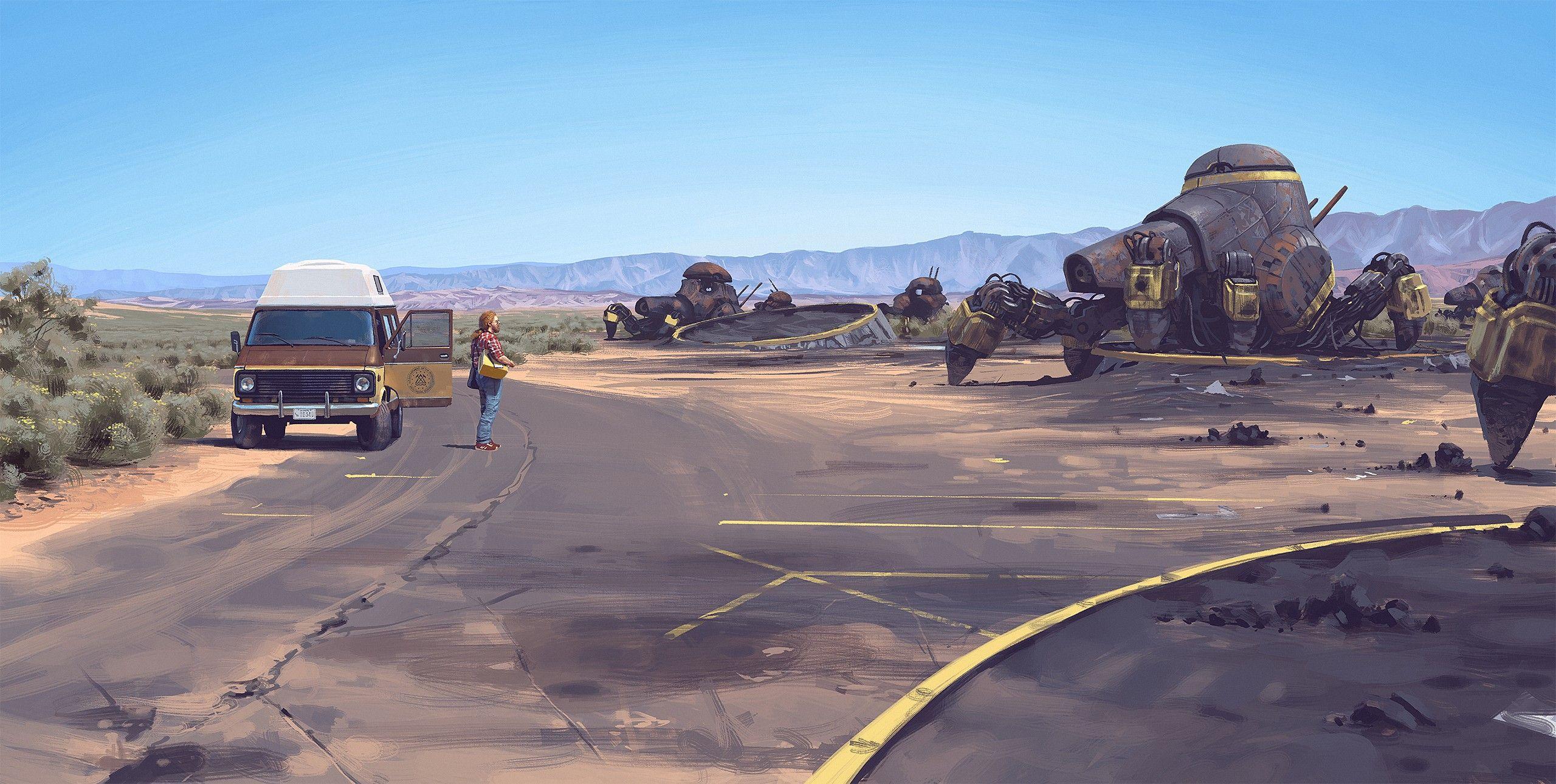 2560x1290 #artwork, #robot, #futuristic, #vehicle, #car, #Simon Stålenhag, #science fiction, wallpaper. Mocah.org HD Desktop Wallpaper