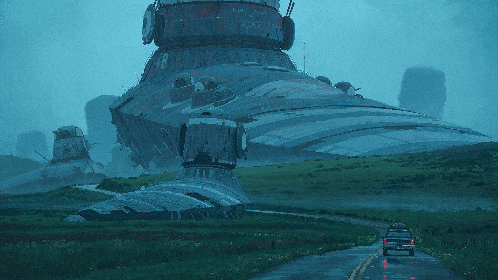 1920x1080 Simon Stålenhag, Science fiction, Spaceship, Car, Digital art Wallpaper HD / Desktop and Mobile Background