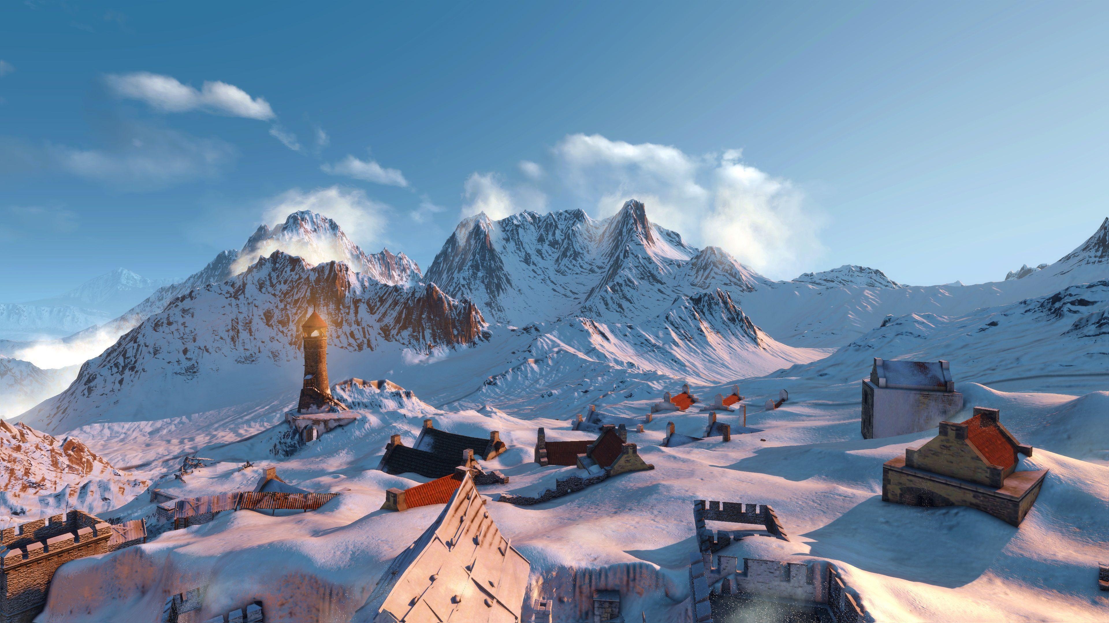 3840x2160 Wallpaper The Witcher 3: Wild Hunt, mountains, snow, houses 3840x2160 UHD 4K Picture, Image